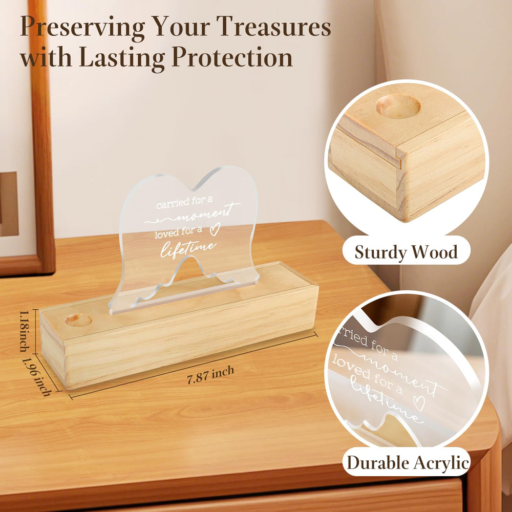 Ceiner wooden keepsake holds pregnancy test strips and tokens.