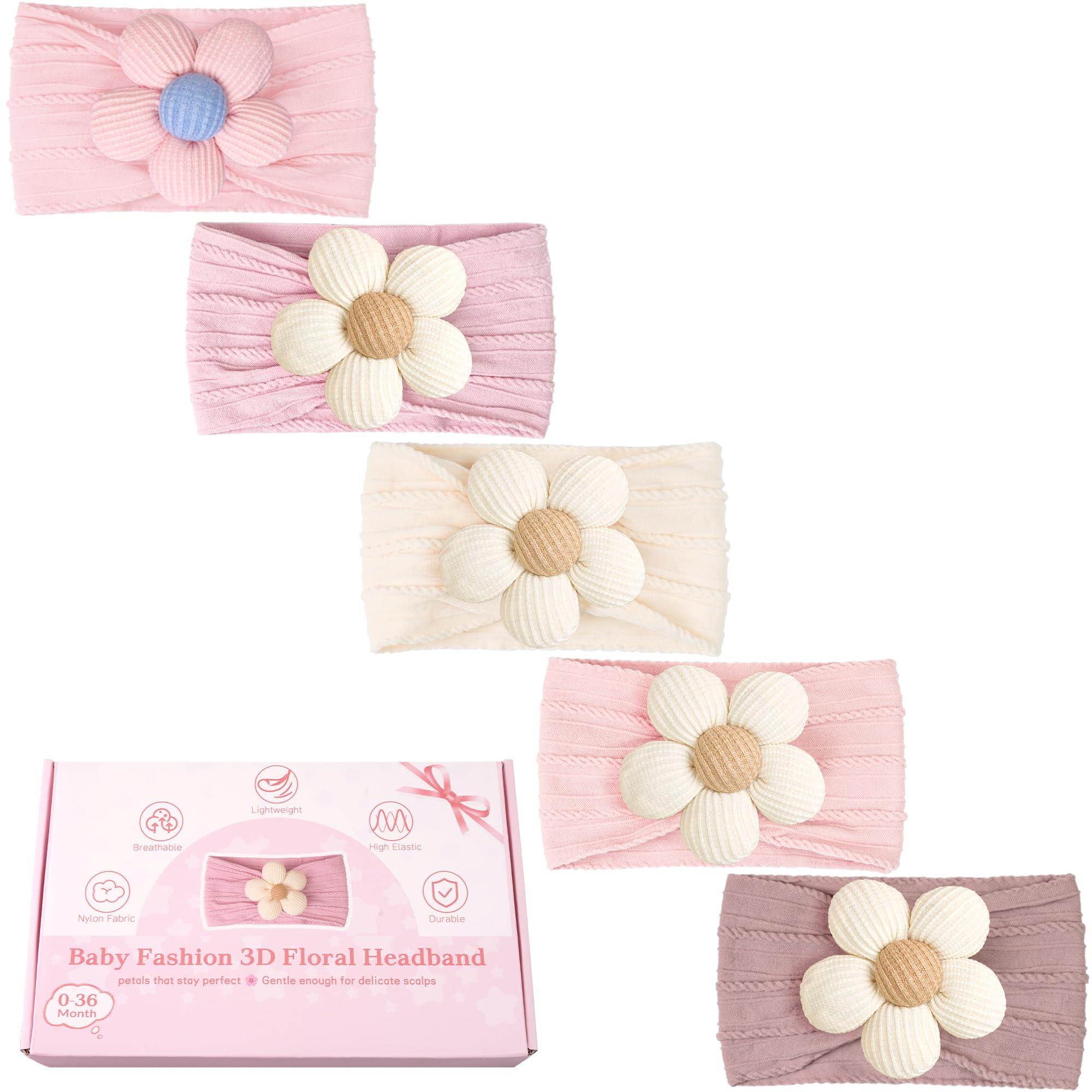 CÉLLOT pink baby flower headbands pack ideal for newborn outfits and daily wear.