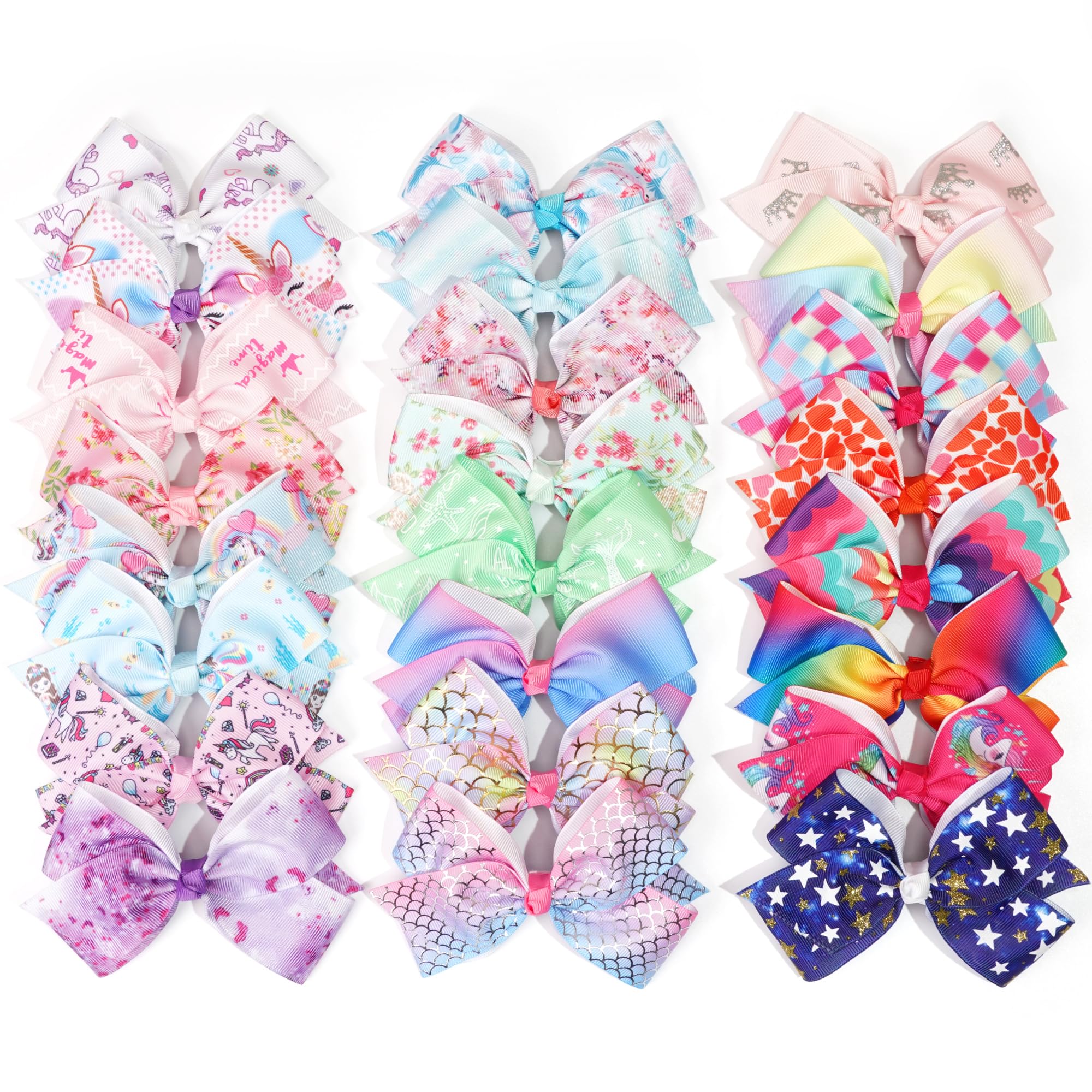 CellElection 24pcs 4.5inch bows in rainbow pack with secure alligator clips for tidy hair.