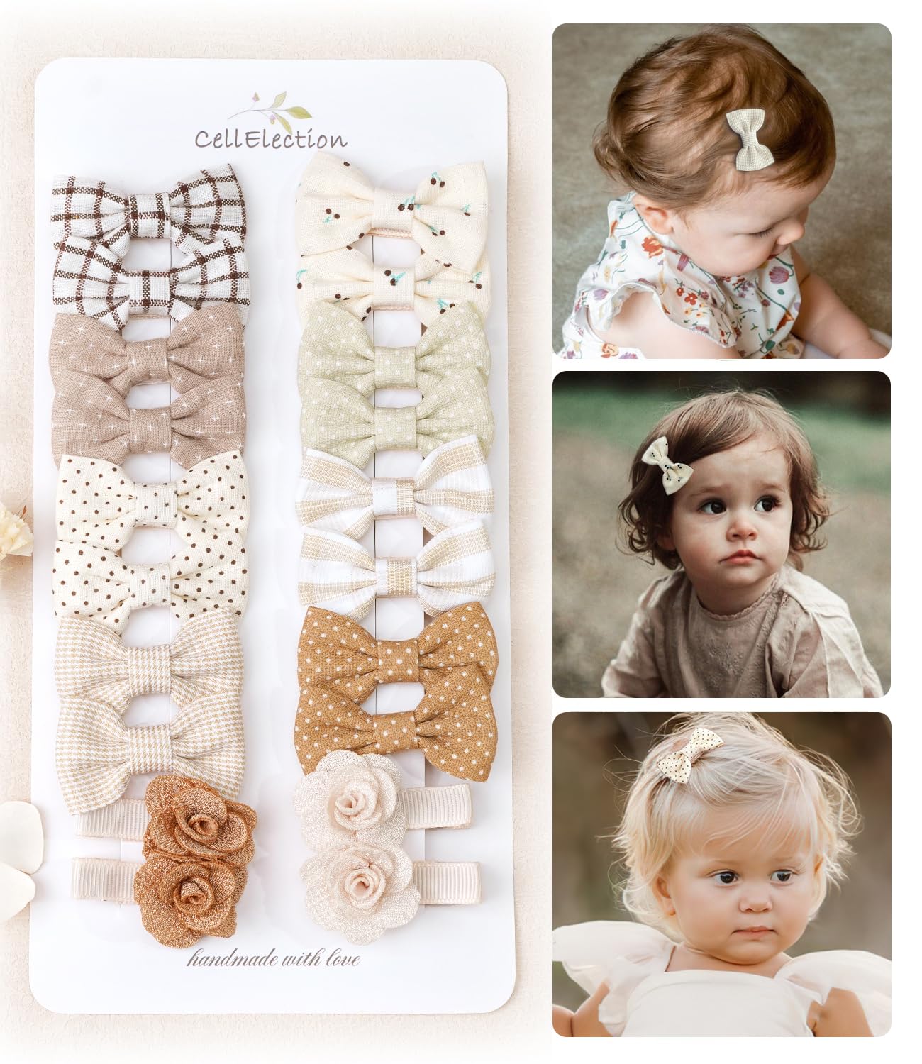 CellElection baby bows 2-inch linen clips provide gentle hold for delicate hair.