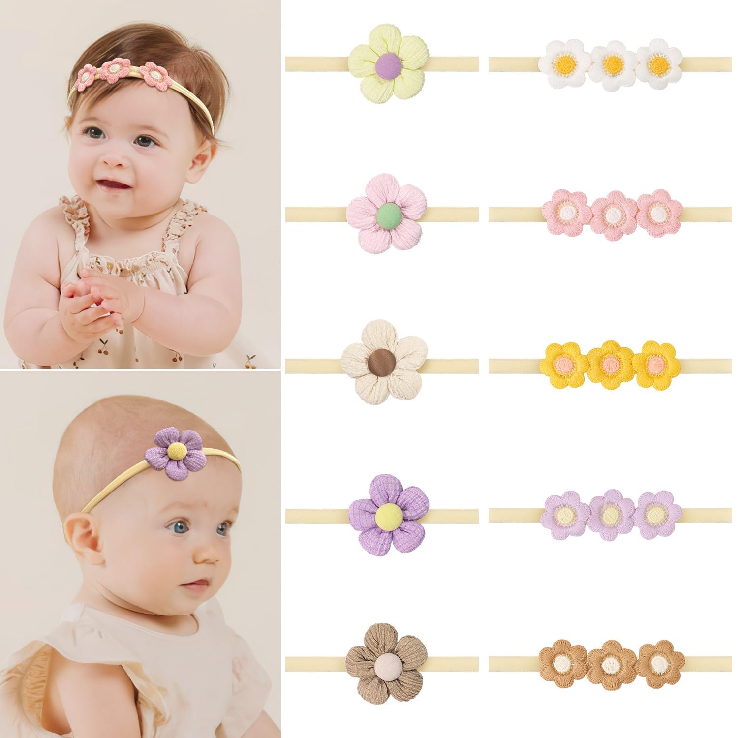 CellElection daisy headbands close-up showing 1-inch flowers on soft nylon band for gentle wear.