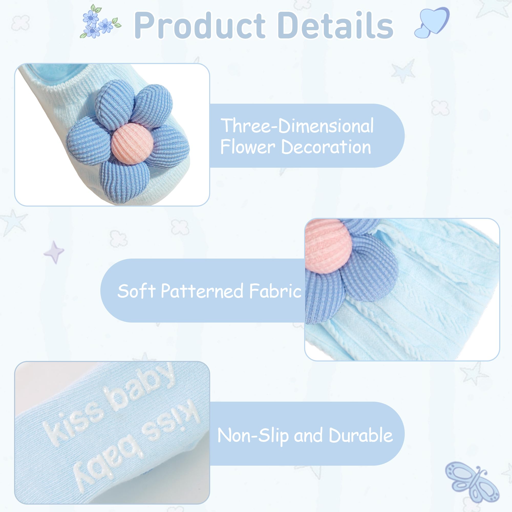 CÉLLOT baby headband daisy blue closeup, secure fit for active infants