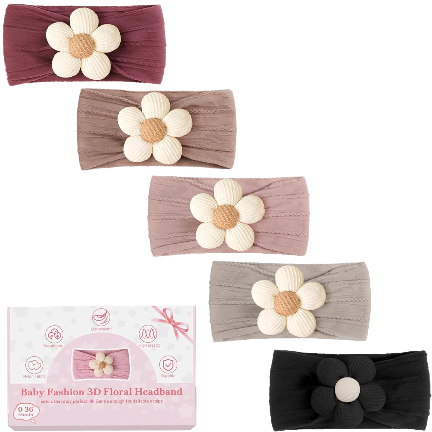 Cellot 5-pcs baby flower headbands in gray with gentle stretch for newborn outfits.