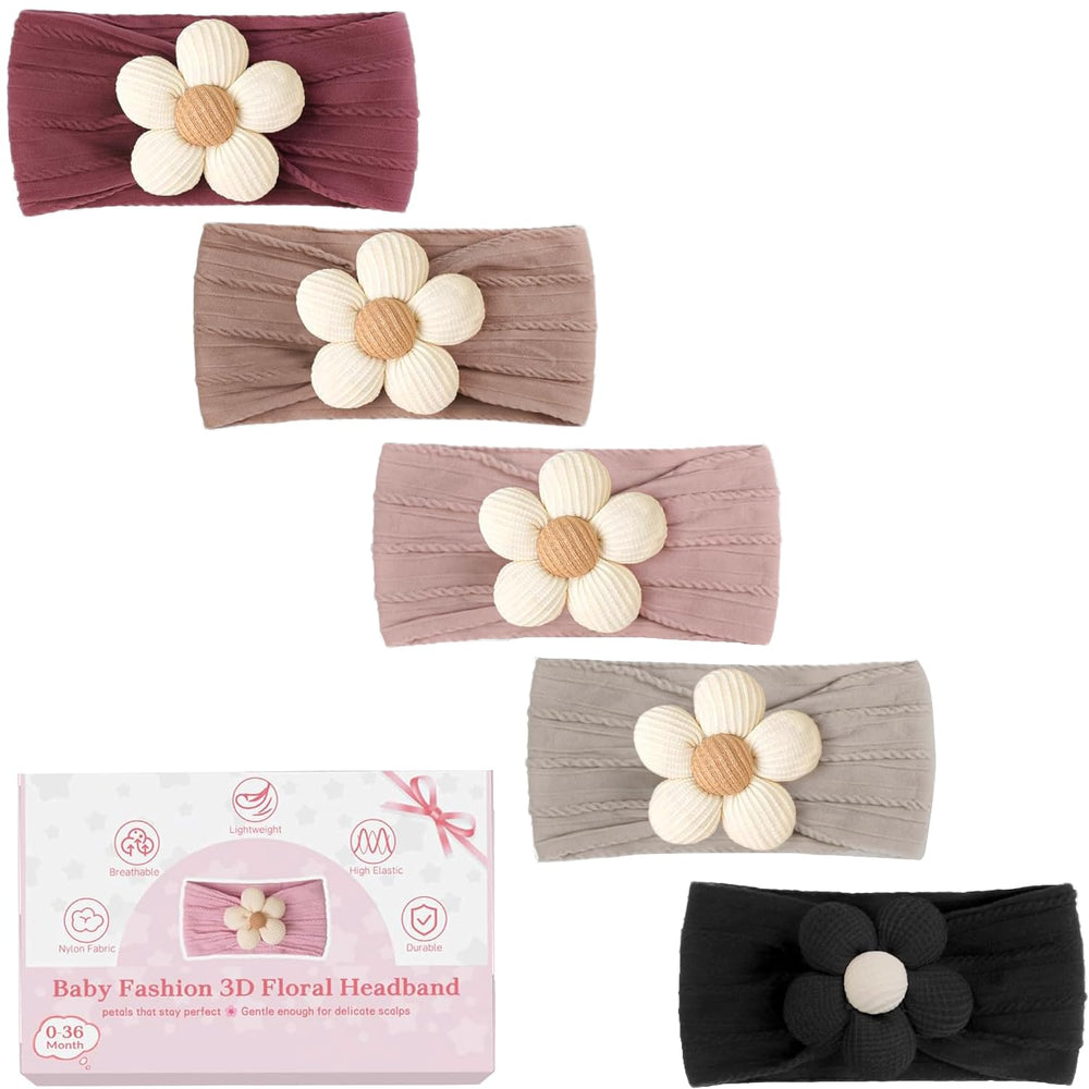 Cellot 5-pcs baby flower headbands in gray with gentle stretch for newborn outfits.