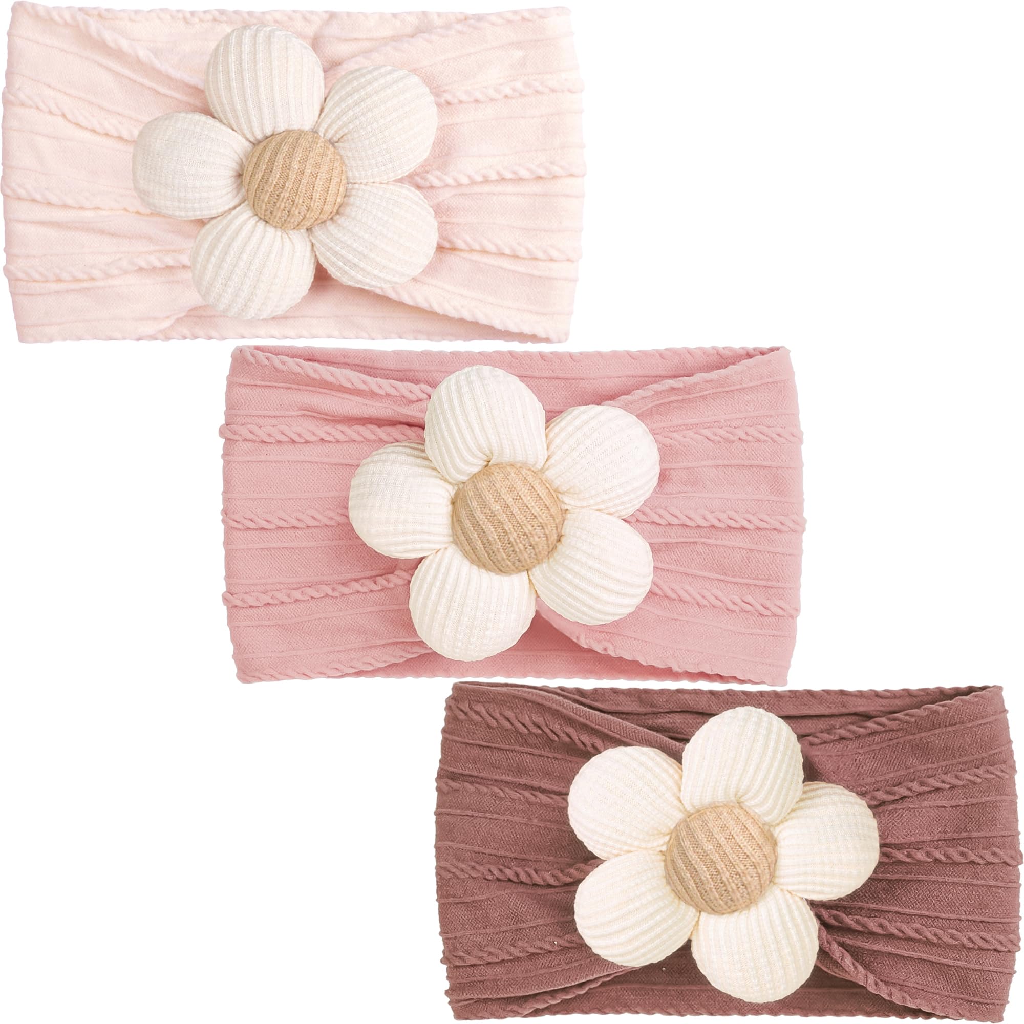 CÉLLOT baby flower headband pink close-up, showing soft nylon-spandex stretch for gentle all-day wear