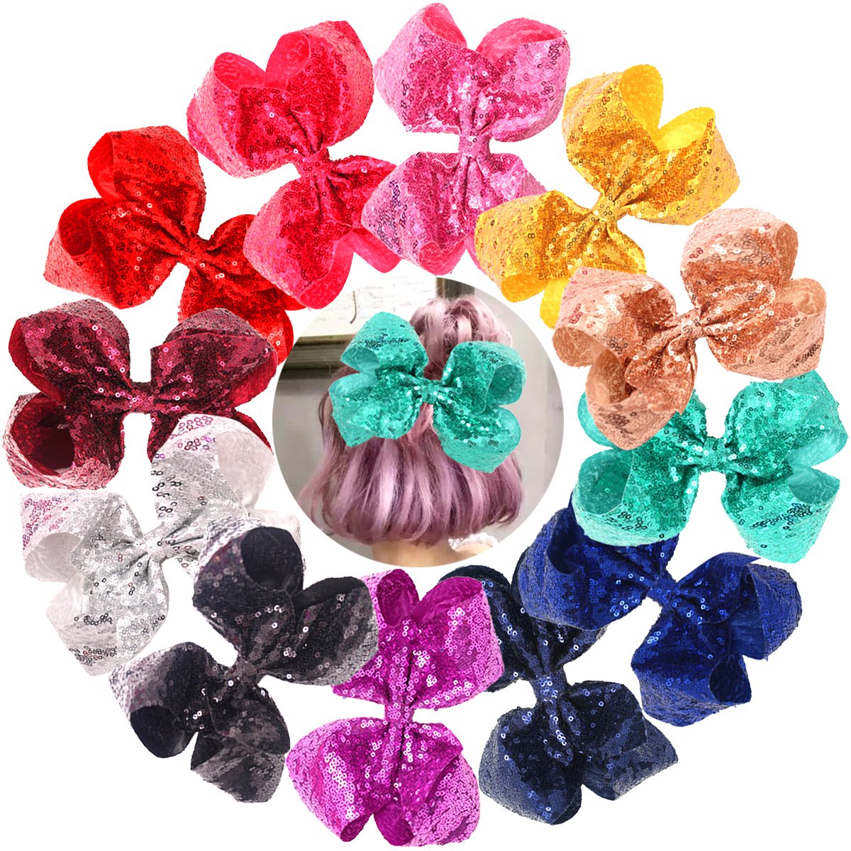 Cellot Oversize Bows 8inch sparkle sequins on metallic clip for vibrant everyday outfits.