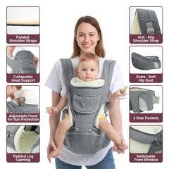 Cemobene all-season carrier with breathable mesh keeps baby comfy.