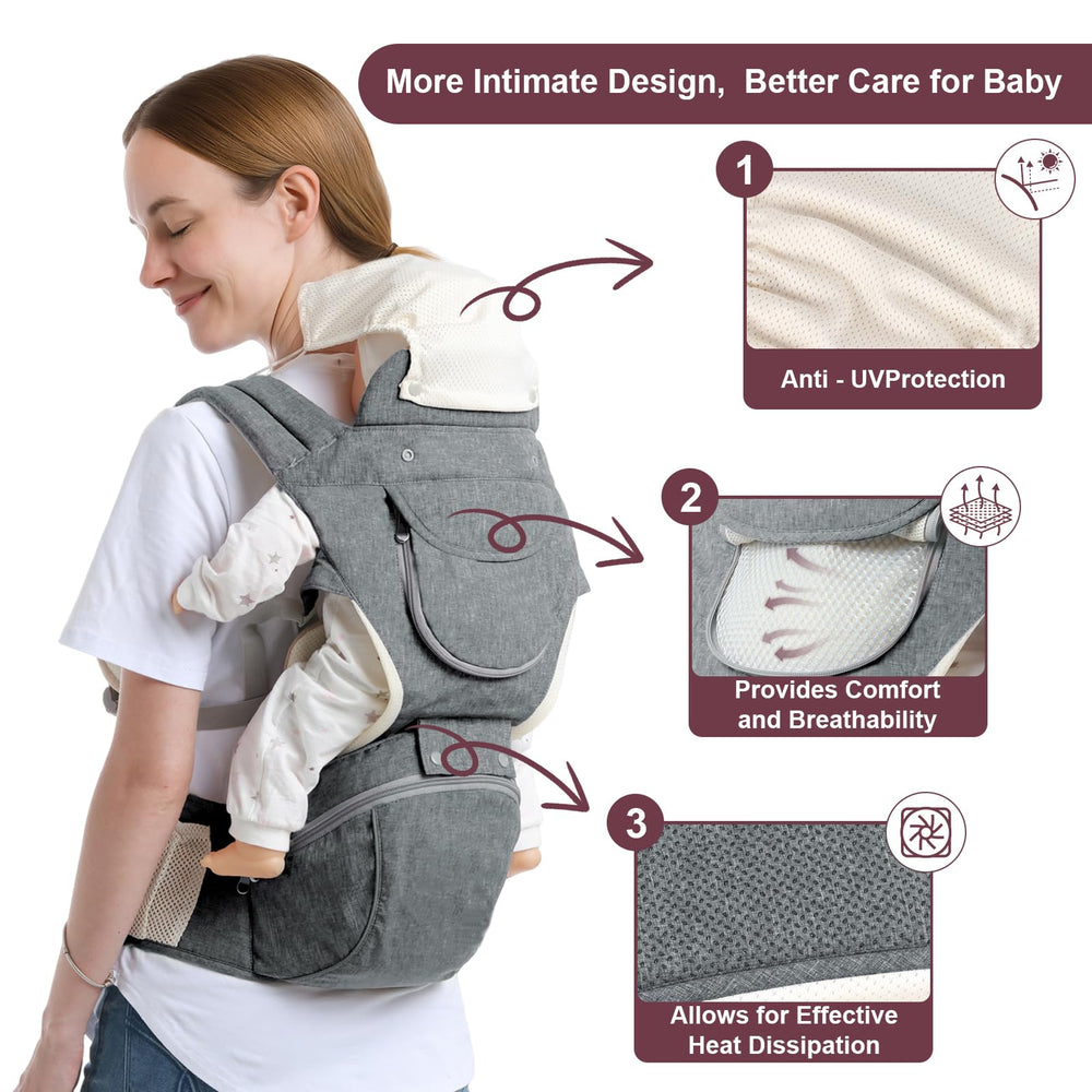 Cemobene hip-seat with sun hood and pockets for outdoor trips.