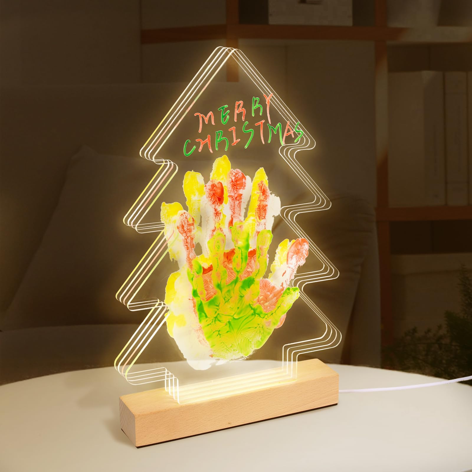 Cepairng wooden base provides a durable keepsake for handprints