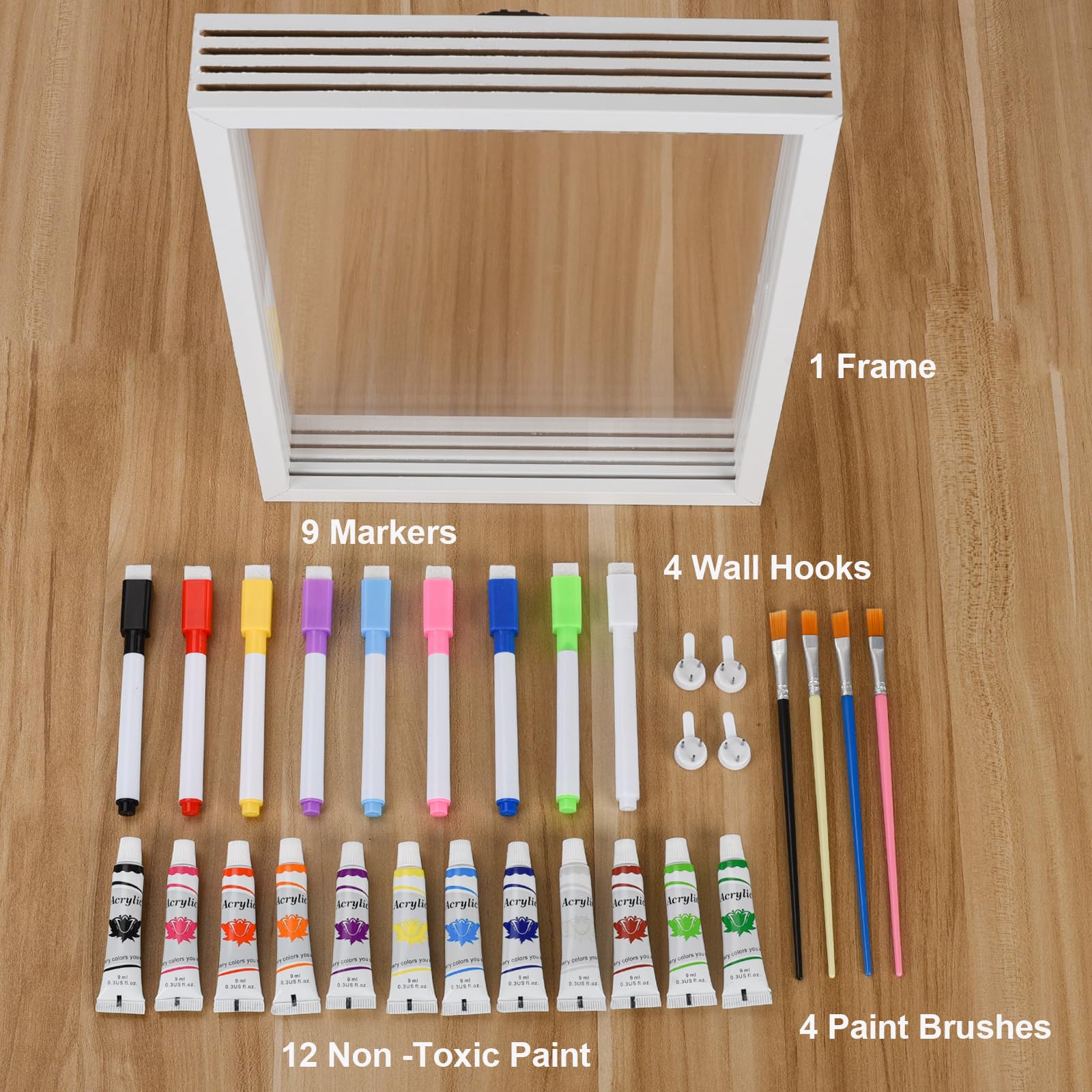 Cepairng handprint frame kit includes 9 markers for adding names and dates.