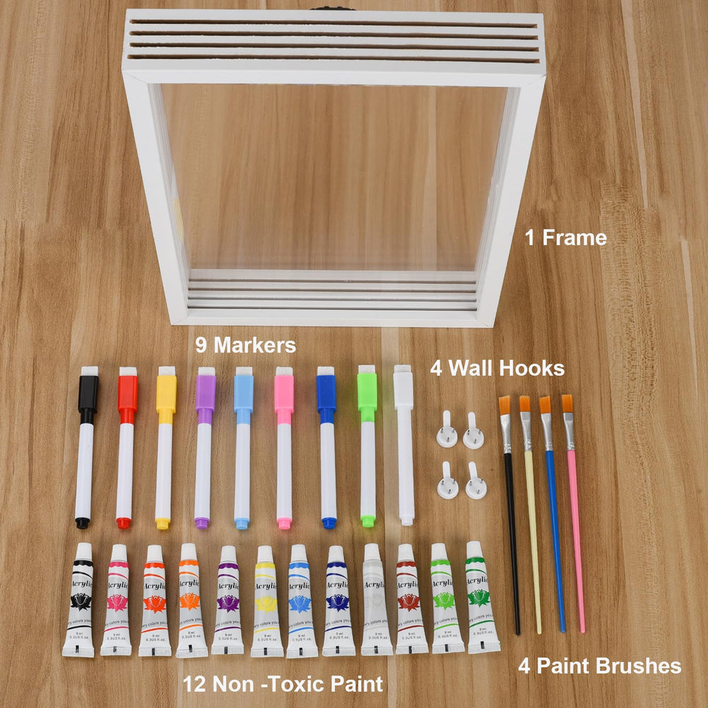 Cepairng handprint frame kit includes 9 markers for adding names and dates.