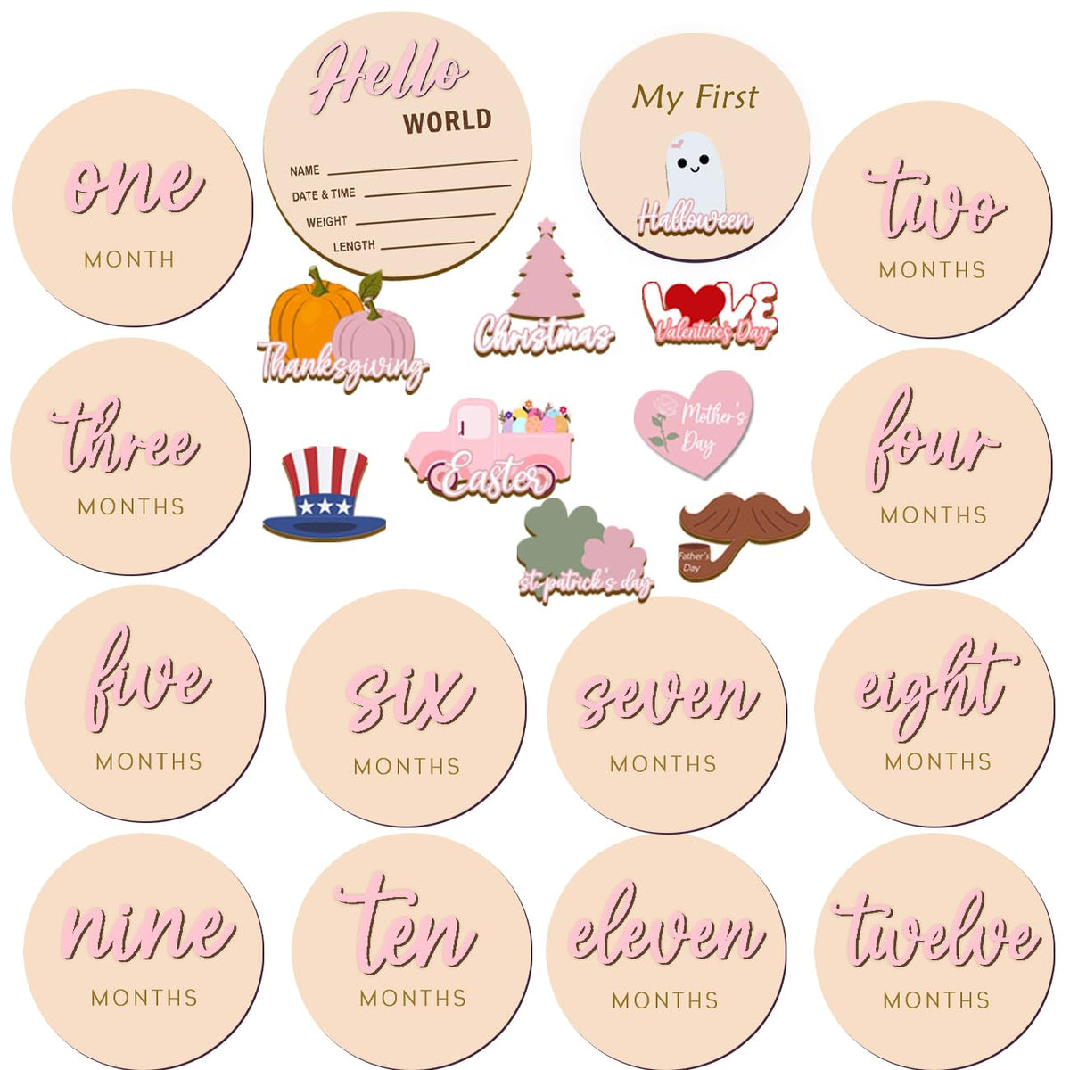 Cephira monthly milestone discs in pink with Hello World sign for newborn documentation