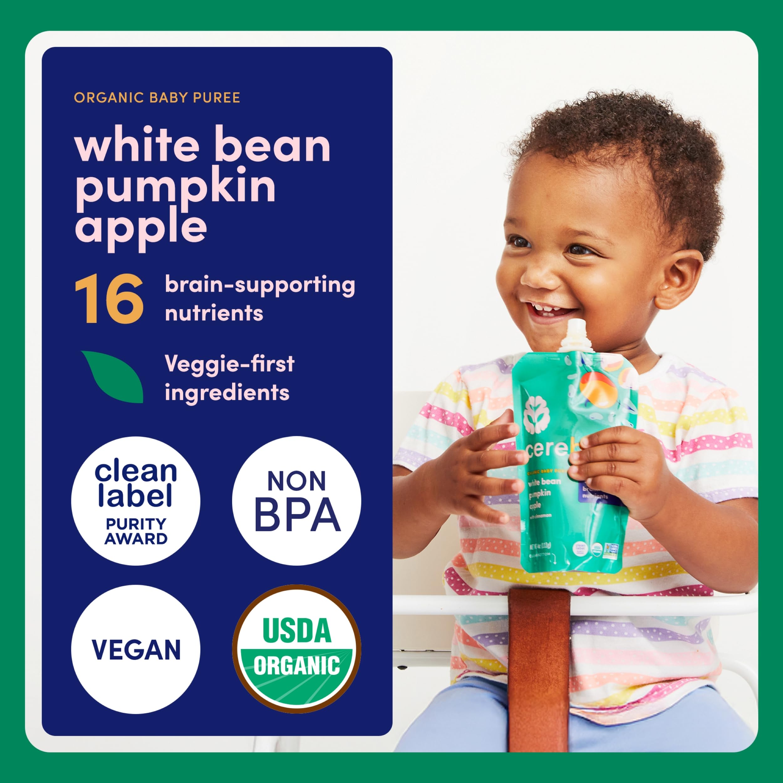 Cerebelly 16-nutrient pouch highlights brain-supporting nutrients for growing babies.