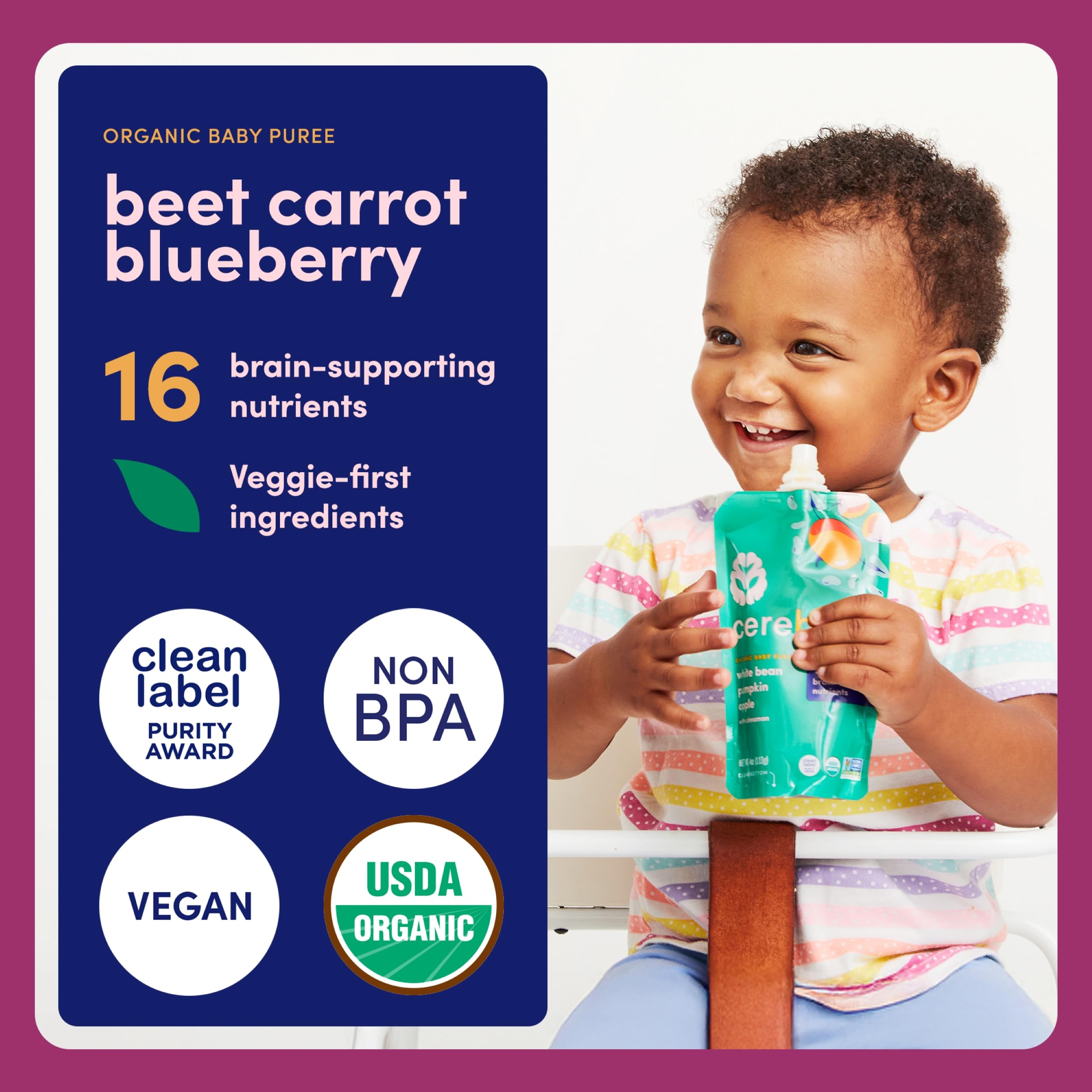 Cerebelly 16-nutrients graphic highlighting brain-supporting vitamins and minerals for growth.
