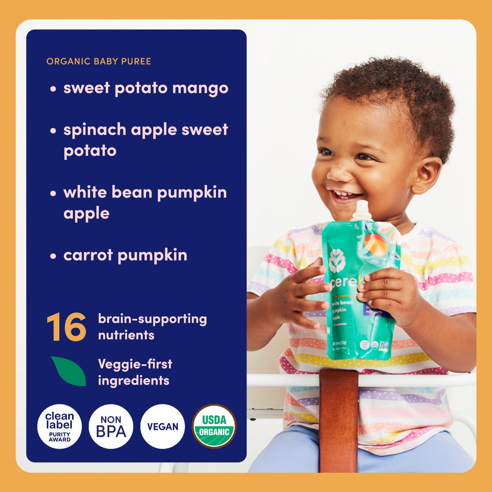 Cerebelly pouch highlights 16 nutrients for development in each serving