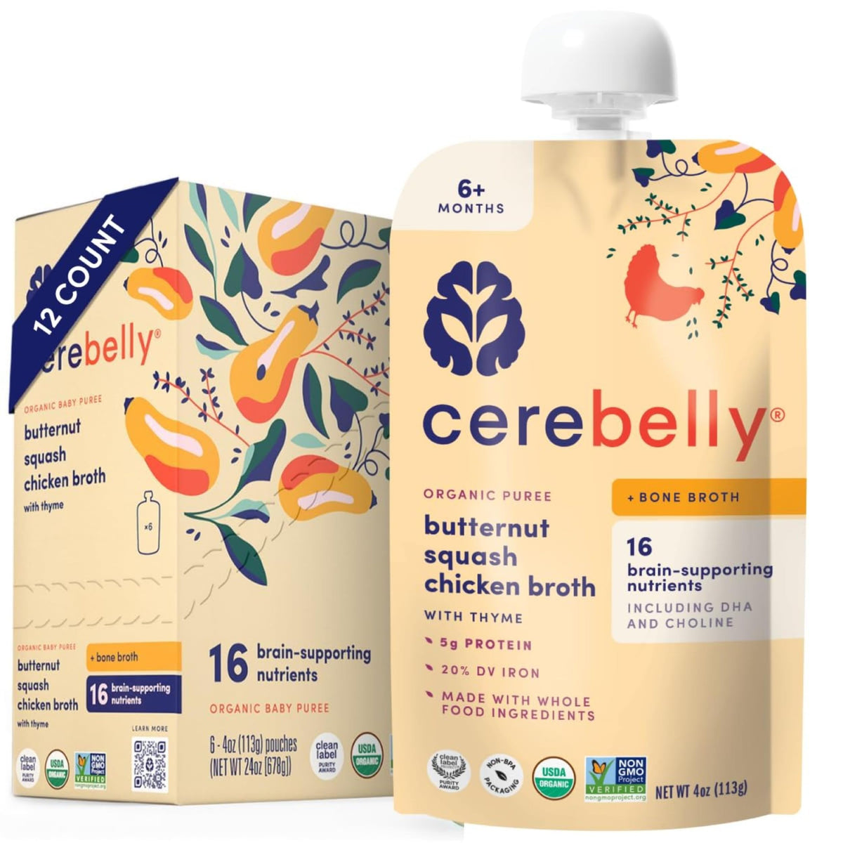 Cerebelly baby pouch front shows butternut squash rosemary for on-the-go feeding