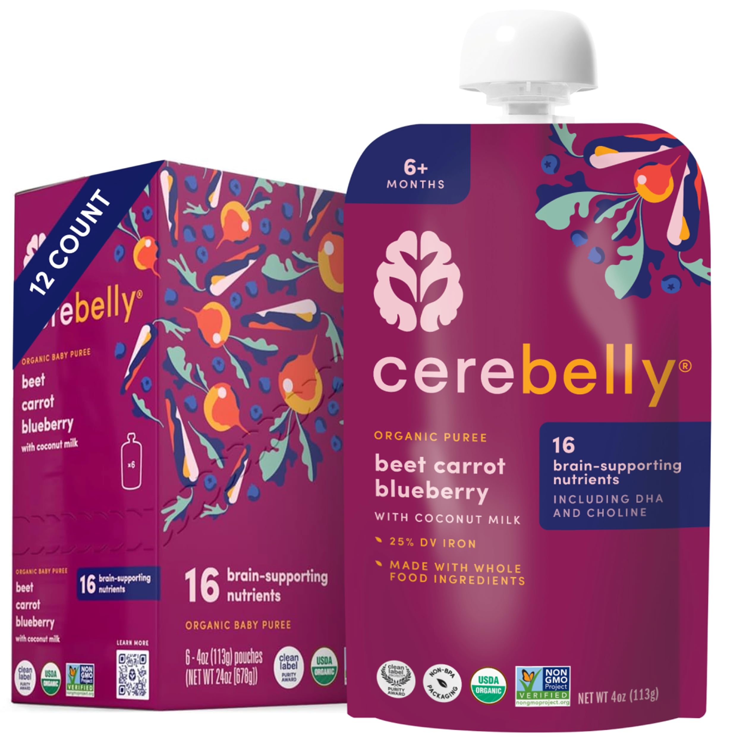 Cerebelly beet carrot blueberry pouches front with colorful ingredients for brain-friendly nutrition