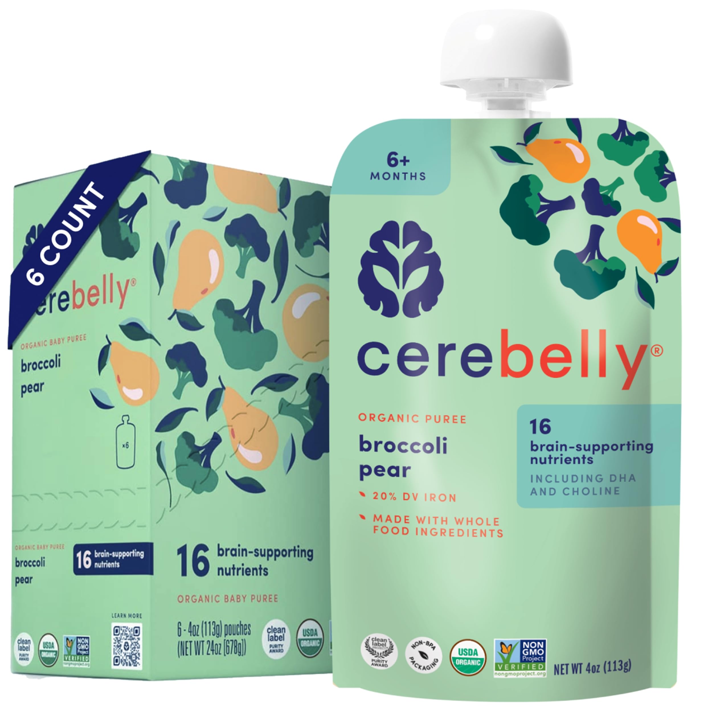 Cerebelly broccoli-pear pouch closeup highlighting organic ingredients and brain-supporting nutrients.