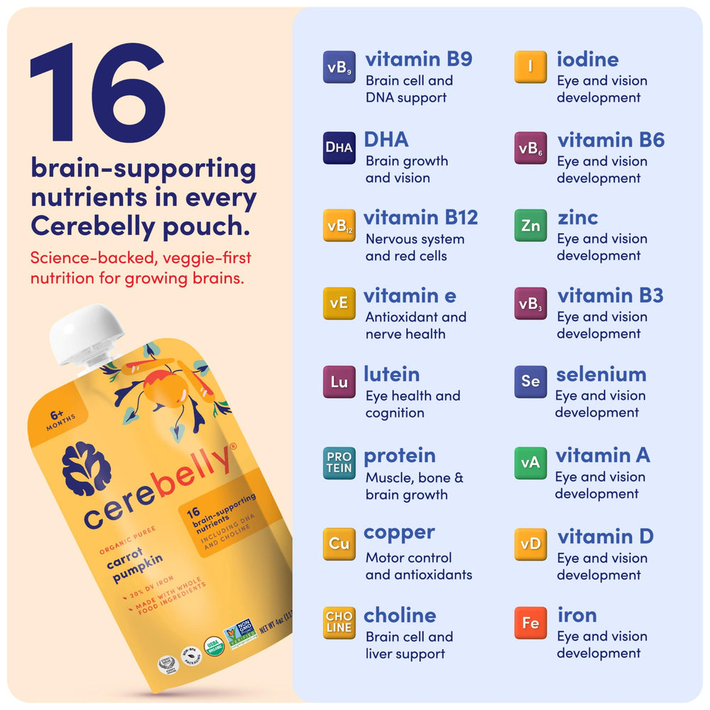 Cerebelly pouches with carrot and pumpkin imagery signaling veggie-first nutrition.