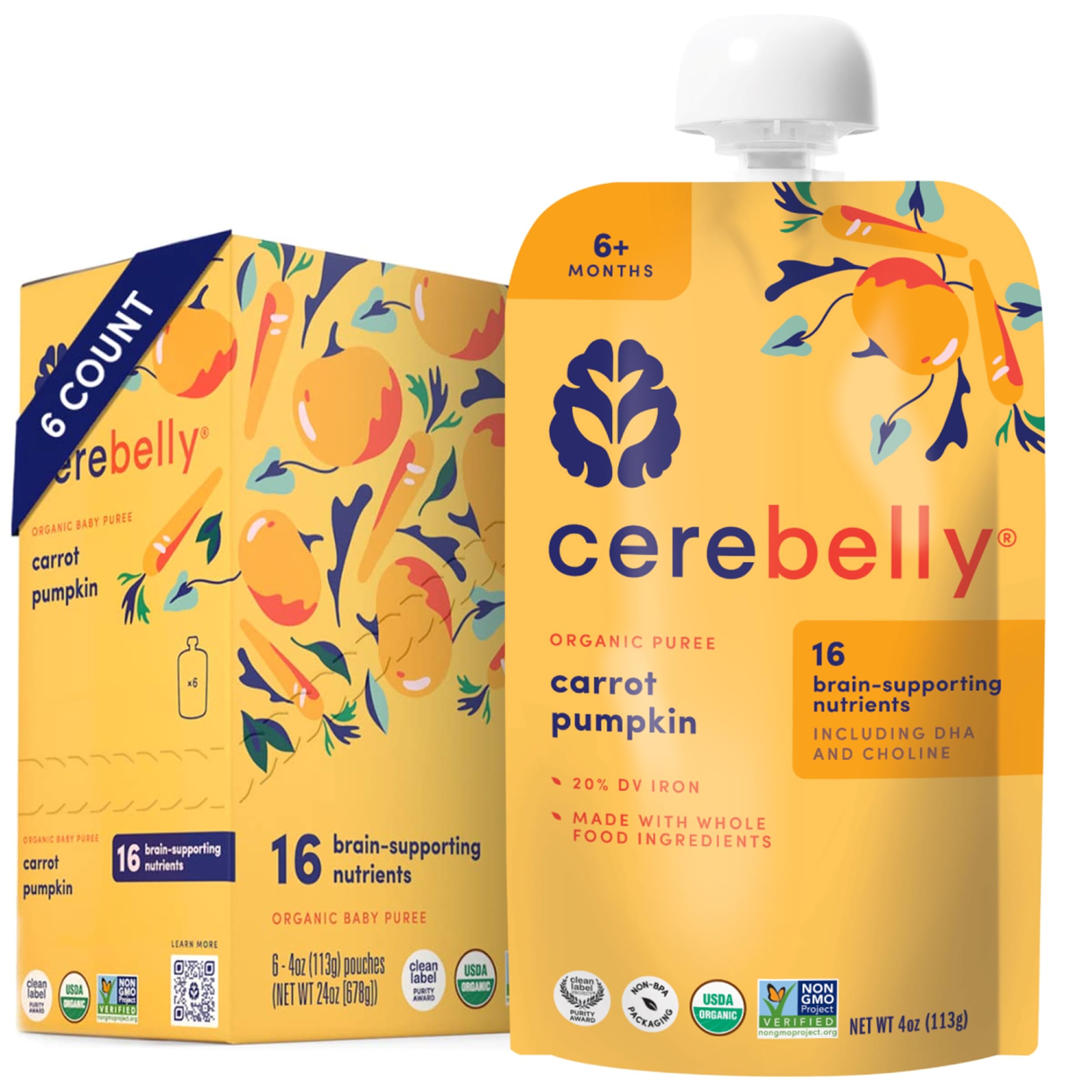 Cerebelly carrot-pumpkin pouch packaging highlighting organic ingredients for growing brains.