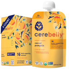 Cerebelly carrot-pumpkin pouch packaging highlighting organic ingredients for growing brains.