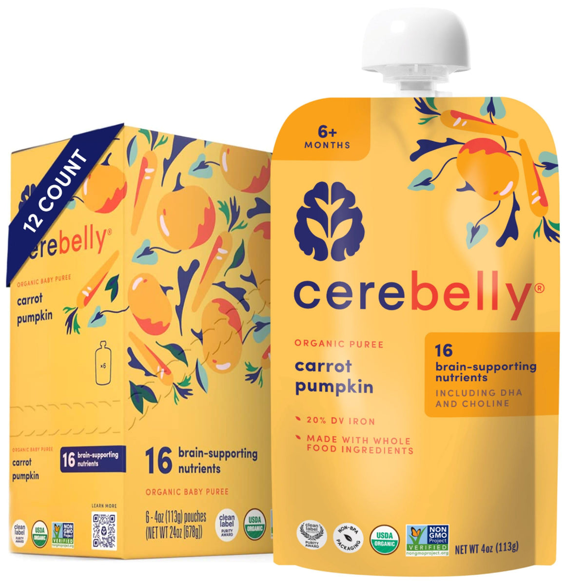 Cerebelly carrot-pumpkin pouch with organic ingredients for brain-friendly nutrition.