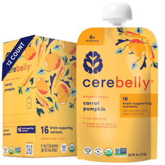 Cerebelly carrot-pumpkin pouch with organic ingredients for brain-friendly nutrition.