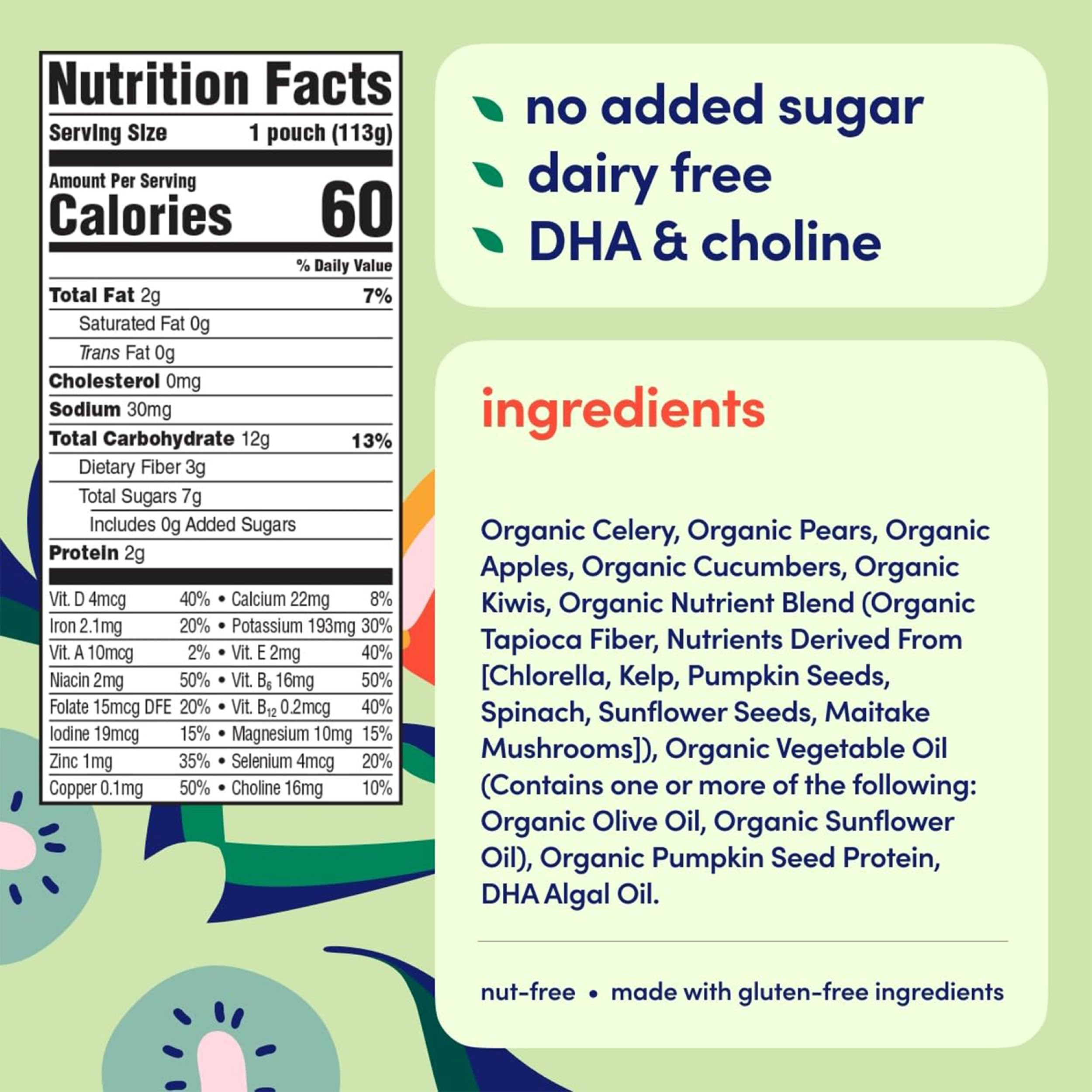 Cerebelly celery apple kiwi ingredients label showing clean smoothie blend