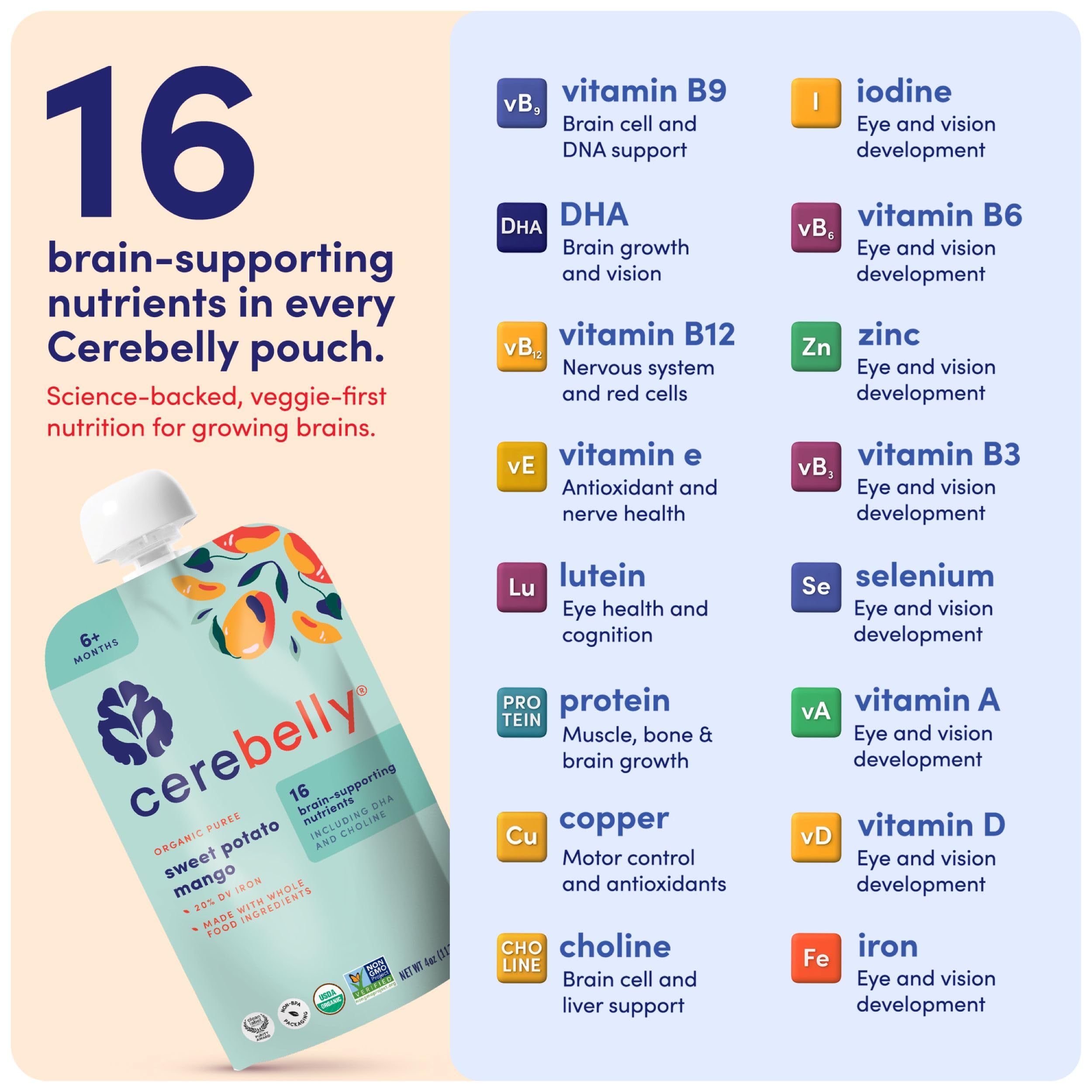 Cerebelly clean-label purity award stamp on packaging signals safety and quality.