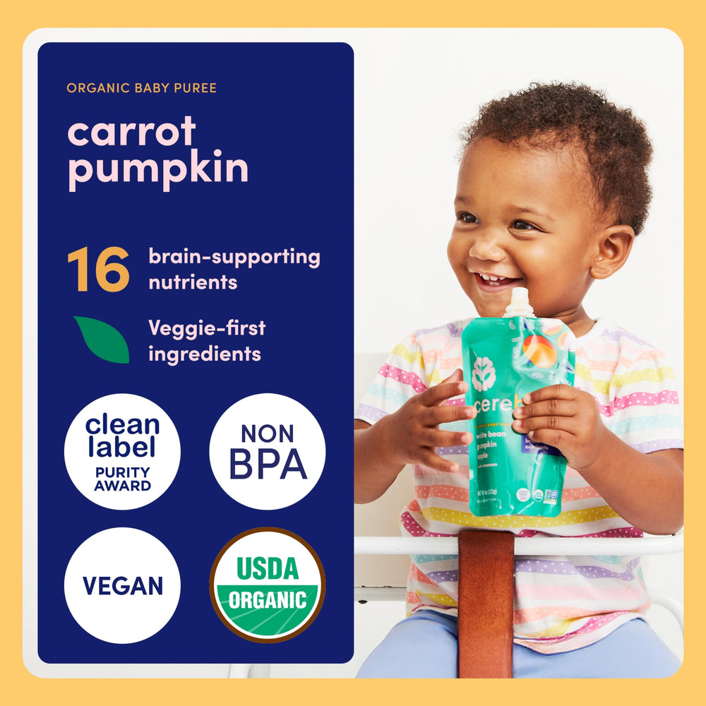 Cerebelly opened pouch with smooth puree ideal for self-feeding.
