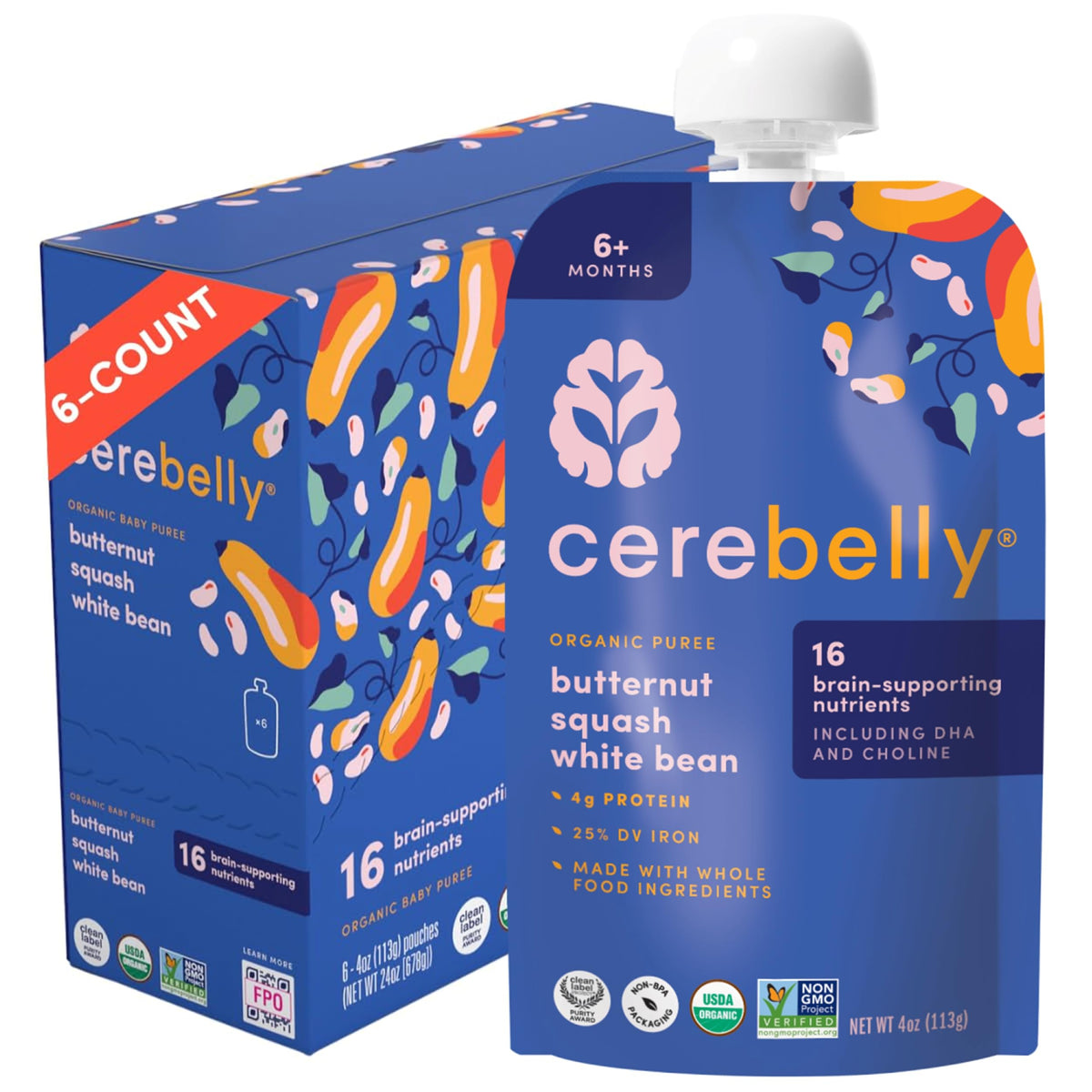Cerebelly organic pouch pours silky butternut squash and white bean puree for on-the-go nourishment.
