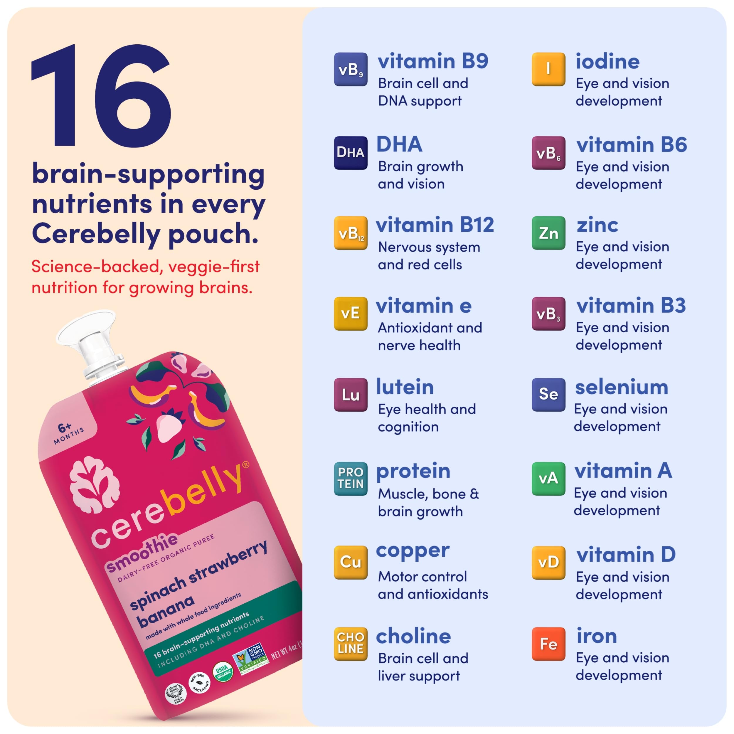 Cerebelly dairy-free smoothie pouch is ideal for dairy-free diets.