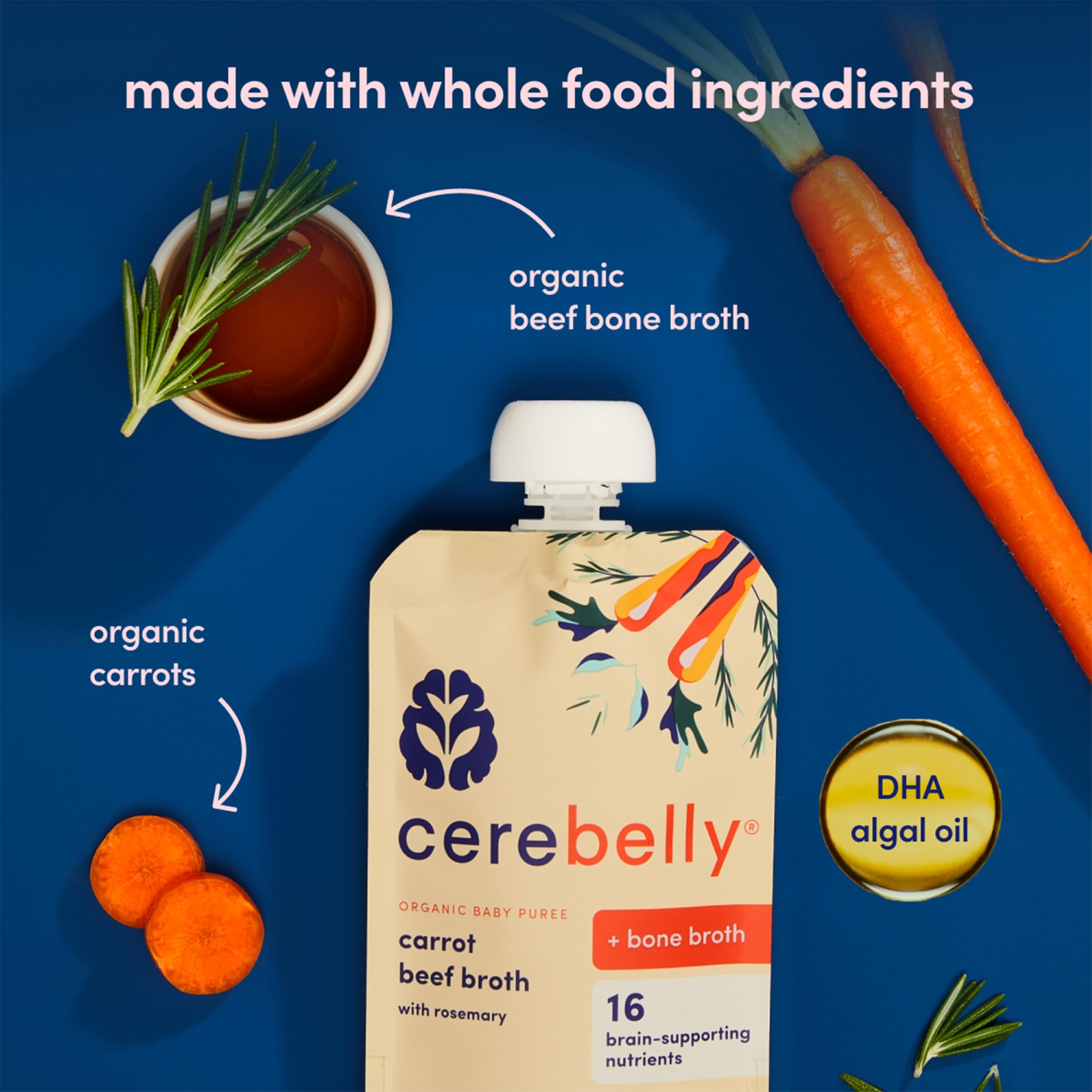 Cerebelly pouch shows 5g protein per serving from carrots and bone broth.