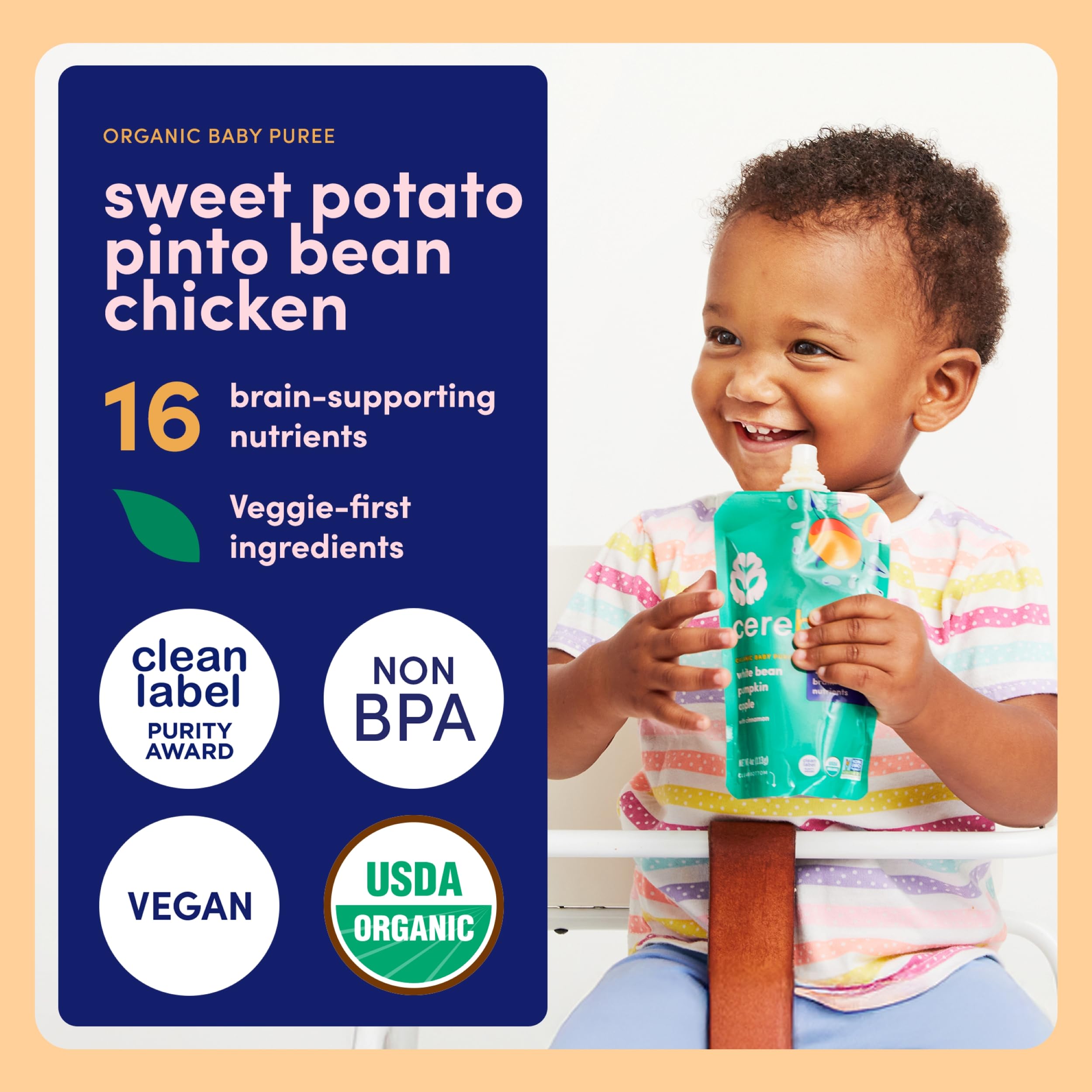Cerebelly organic baby food on store shelf highlighting travel-friendly shelf-stable packaging