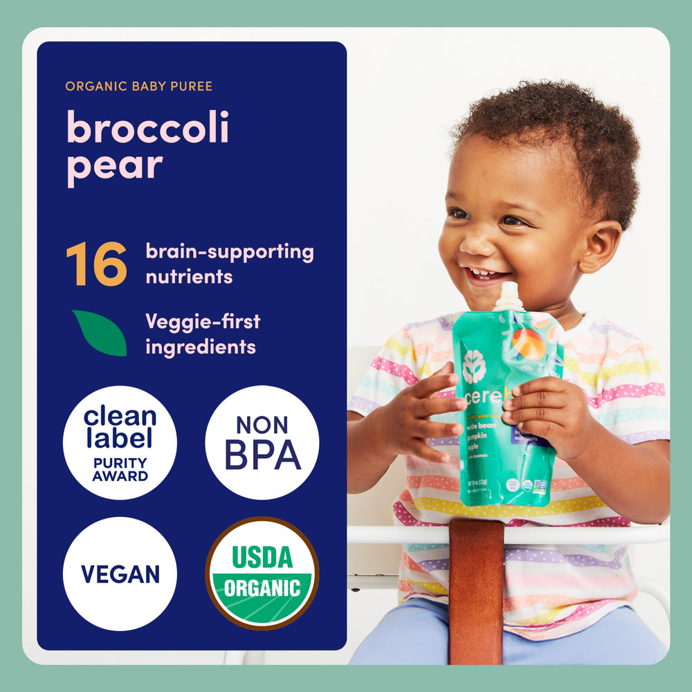 Cerebelly pouch with spoon on the go suggesting easy baby meals.