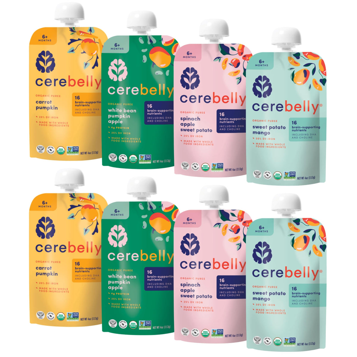 Cerebelly pouches variety pack shown with pour for on-the-go meals