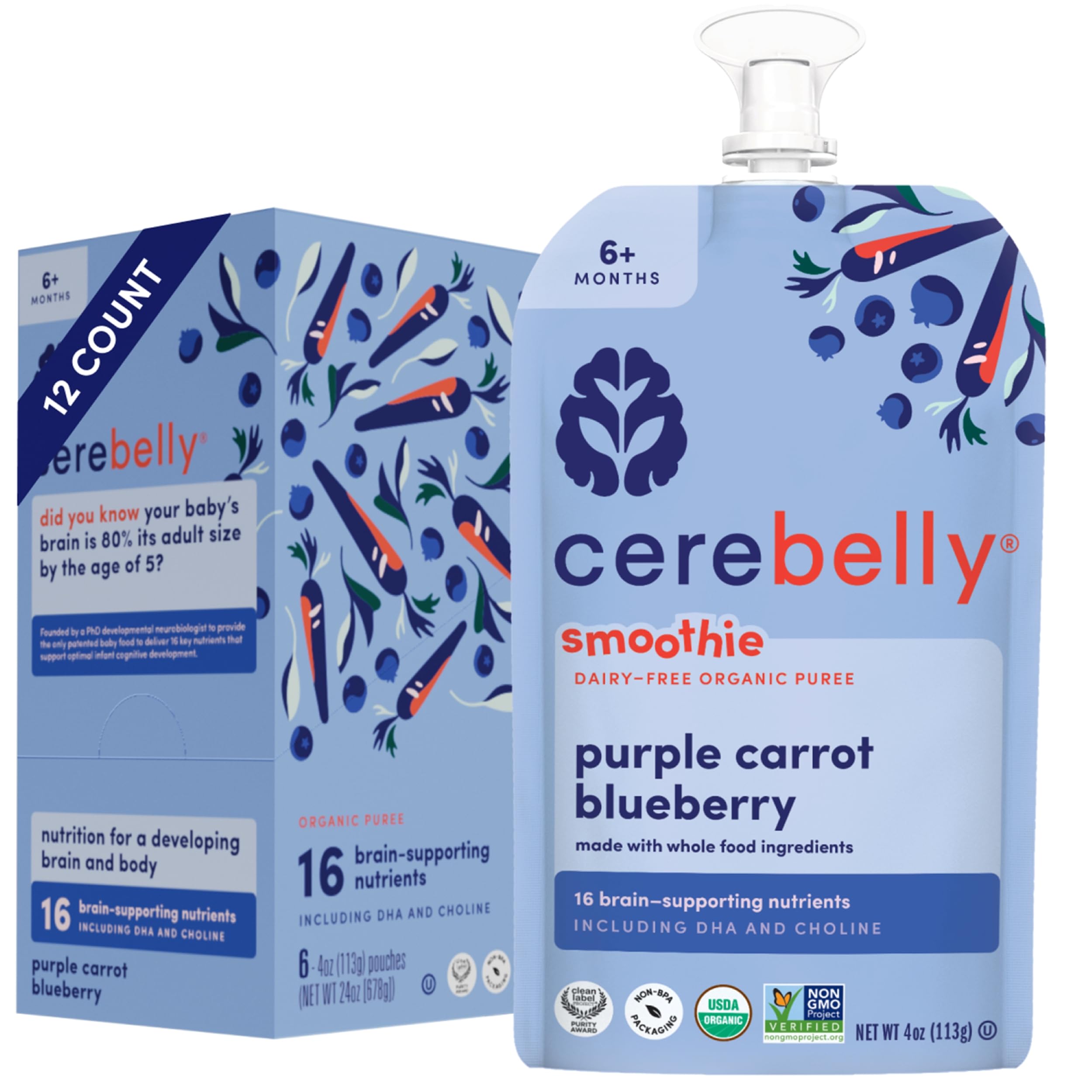 Cerebelly purple carrot blueberry pouch front, on-the-go toddler nutrition.