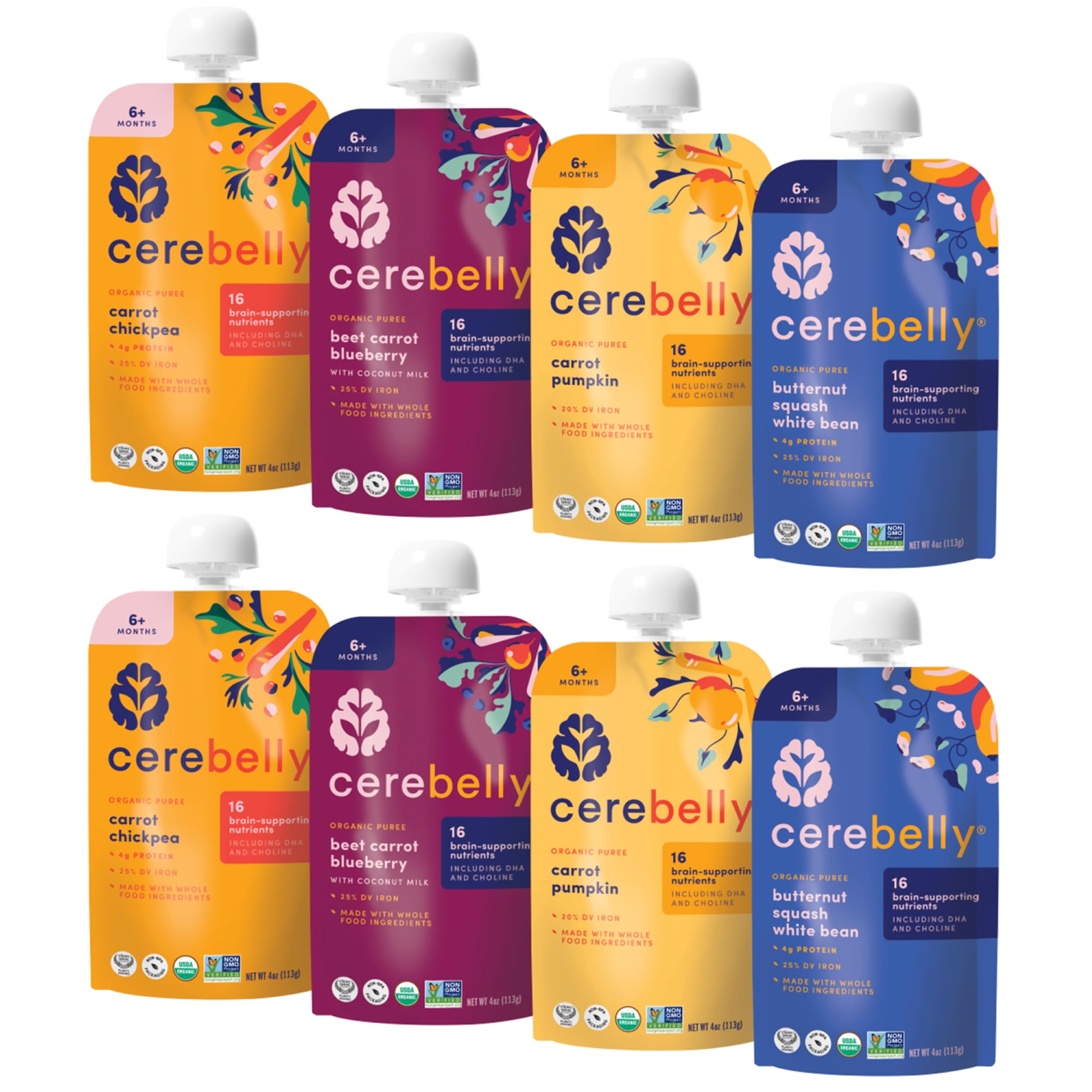 Cerebelly Rainbow Roots puree label close-up highlighting organic ingredients for on-the-go nutrition