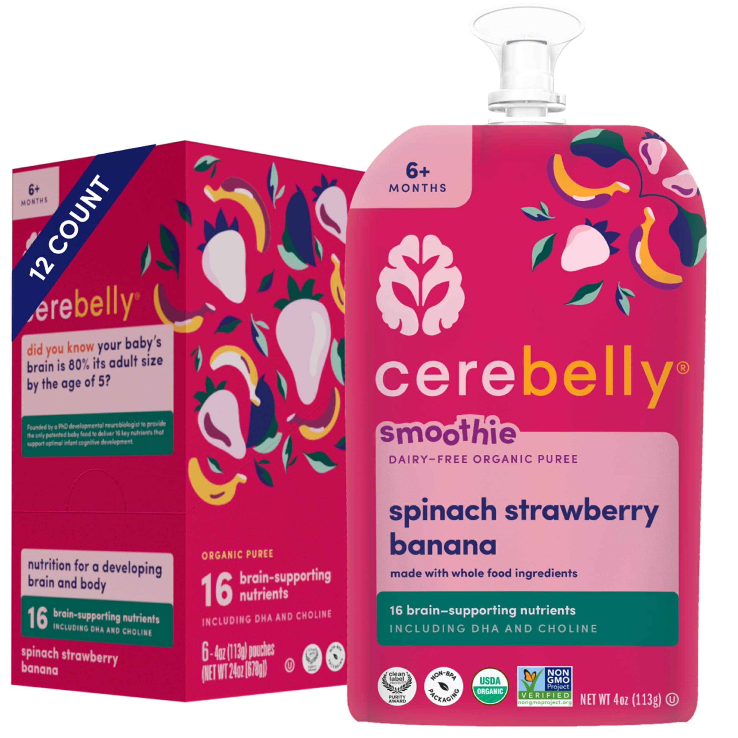 Cerebelly spinach-strawberry dairy-free smoothie pouch on-the-go nutrition for toddlers.
