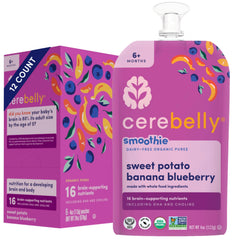 Cerebelly sweet potato banana blueberry pouch showing kid-friendly flavor for on-the-go nutrition