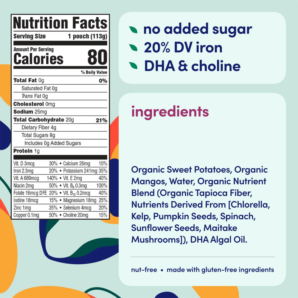 Cerebelly sweet potato mango pouch closeup shows no-added-sugar recipe for little eaters.