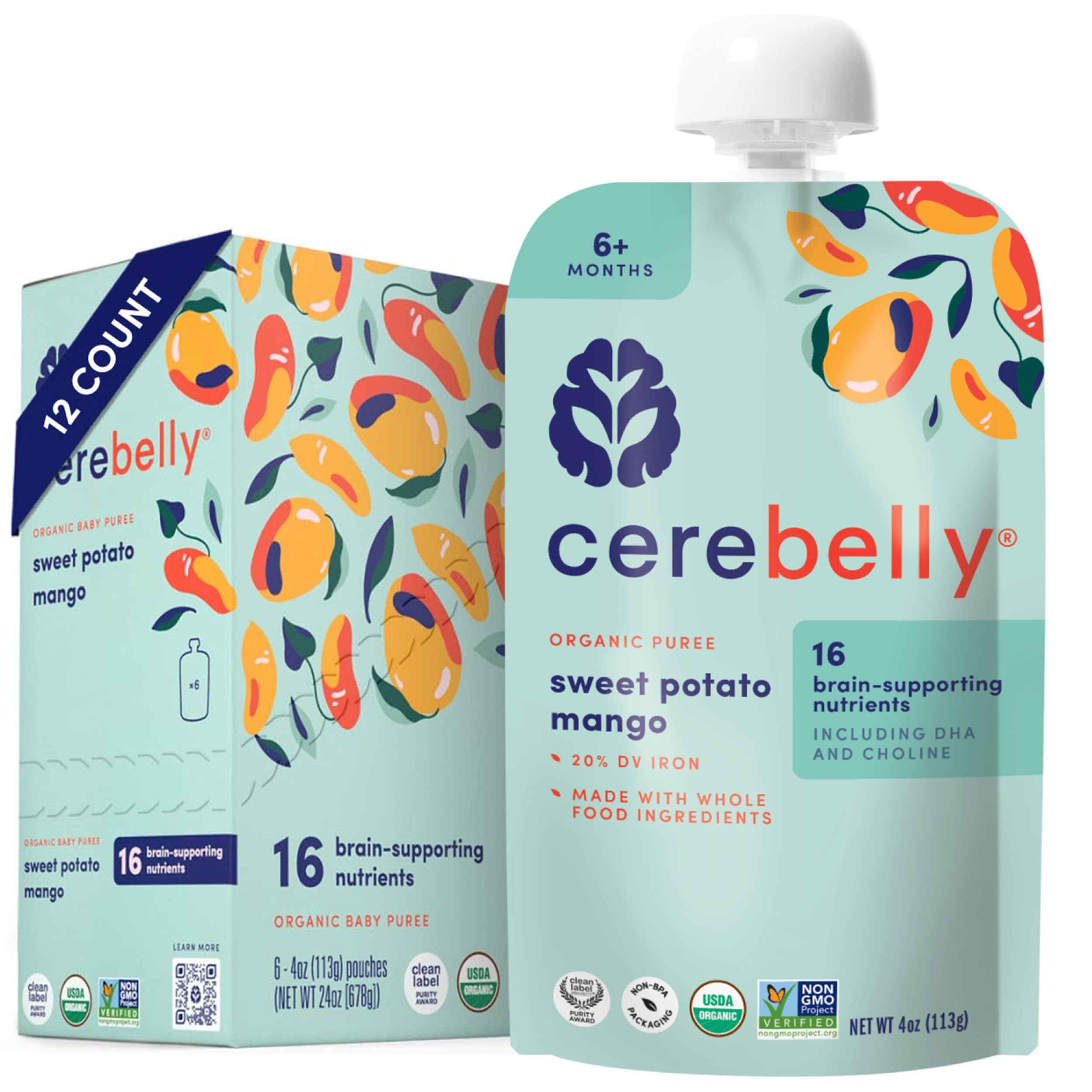 Cerebelly sweet potato mango pouch packshot highlights convenient baby nutrition on the go.