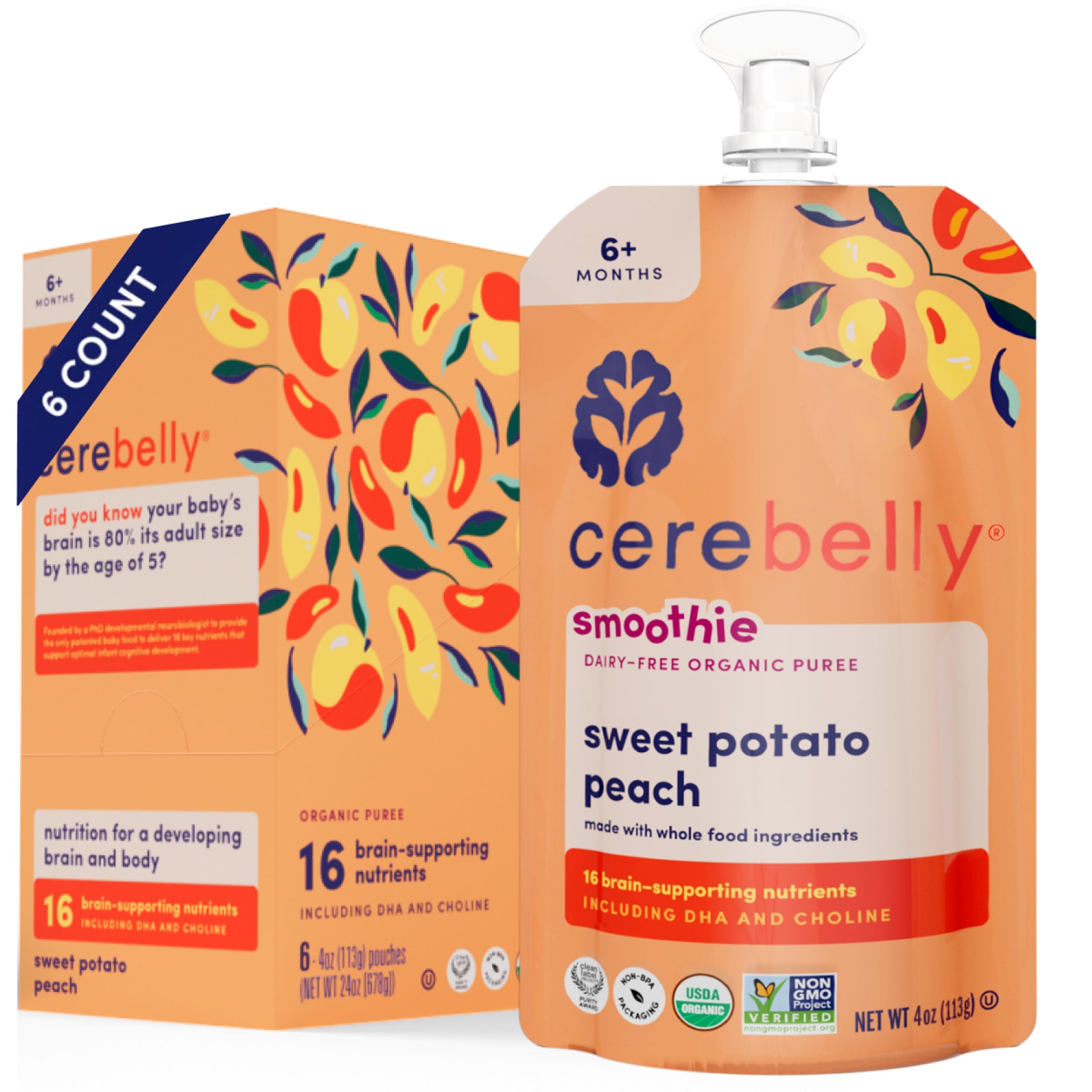 Cerebelly sweet-potato-peach-dairy-free-pouch front view for on-the-go nutrition