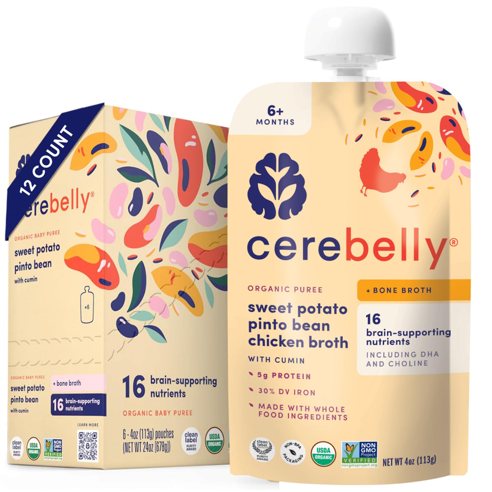Cerebelly pouch with sweet potato, pinto bean and chicken bone broth, showing brain-support nutrients for growing kids.