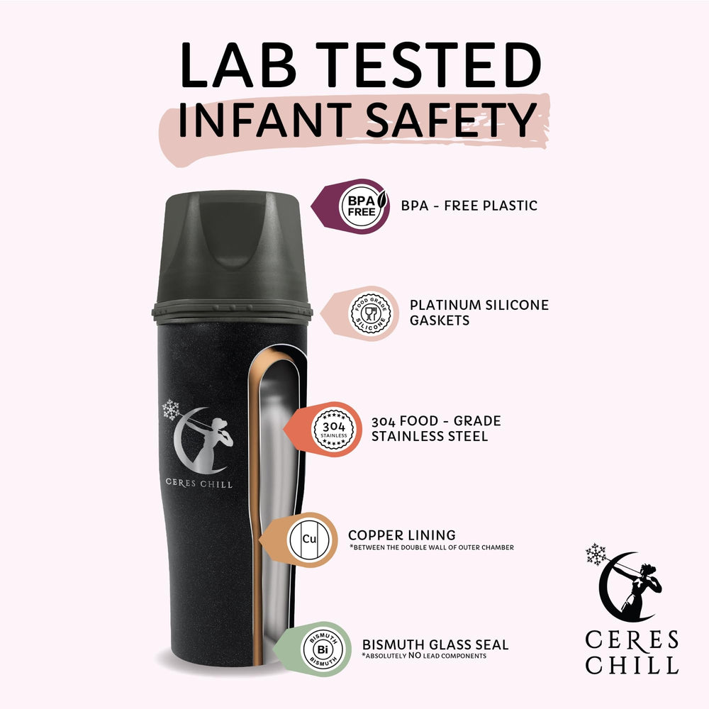 Ceres CHILL compact interior storage shows 6–16 oz capacity.