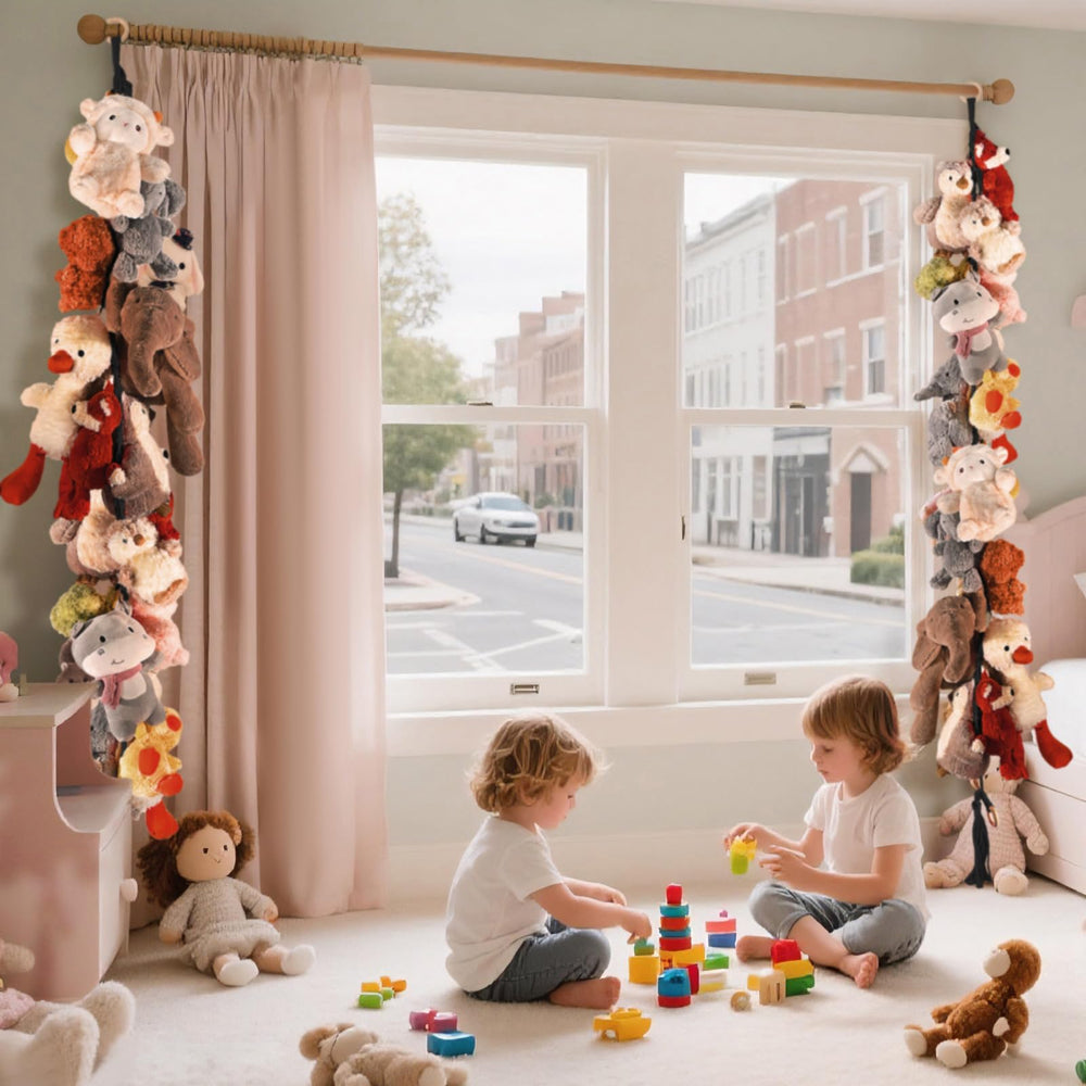 CERETIA 20 metal clips securing plush toys on a wall display