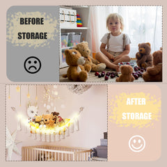 CERETIA hanging net holds about twenty medium stuffed animals.