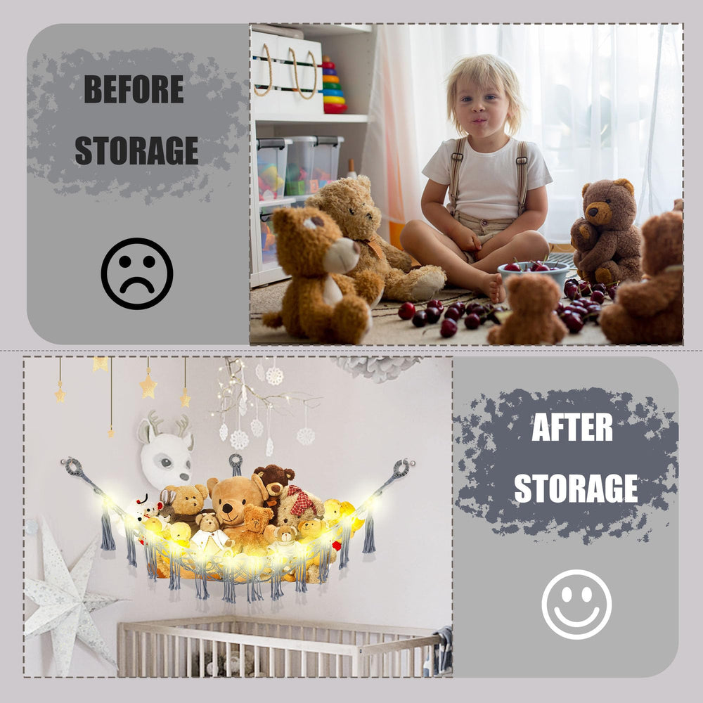 CERETIA hanging toy storage net keeps plushies organized and easy to reach.