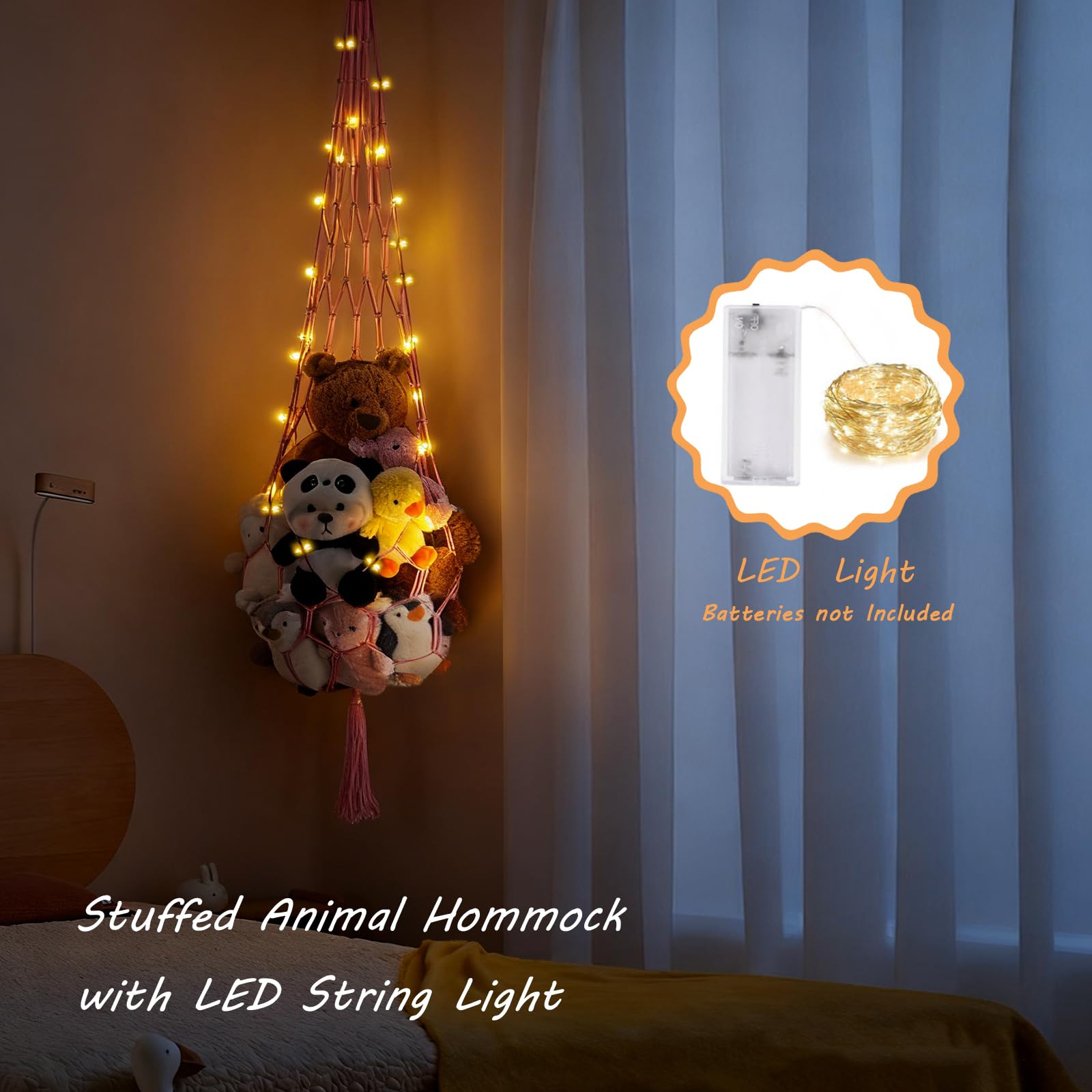 CERETIA stuffed animal hammock with LED lights adds warm, cozy bedroom glow.