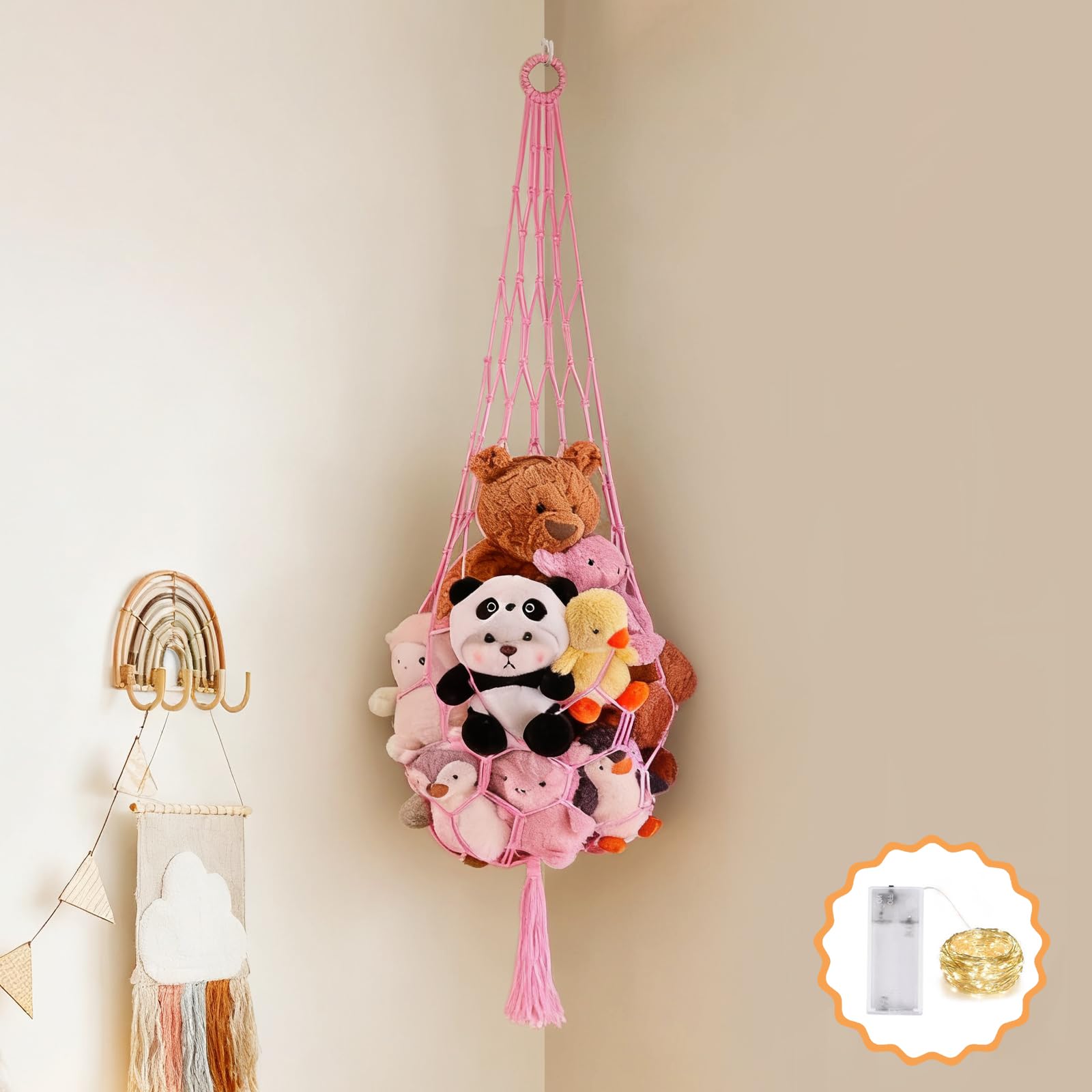 CERETIA stuffed animal hammock corner net neatly stores plush toys in a compact corner.